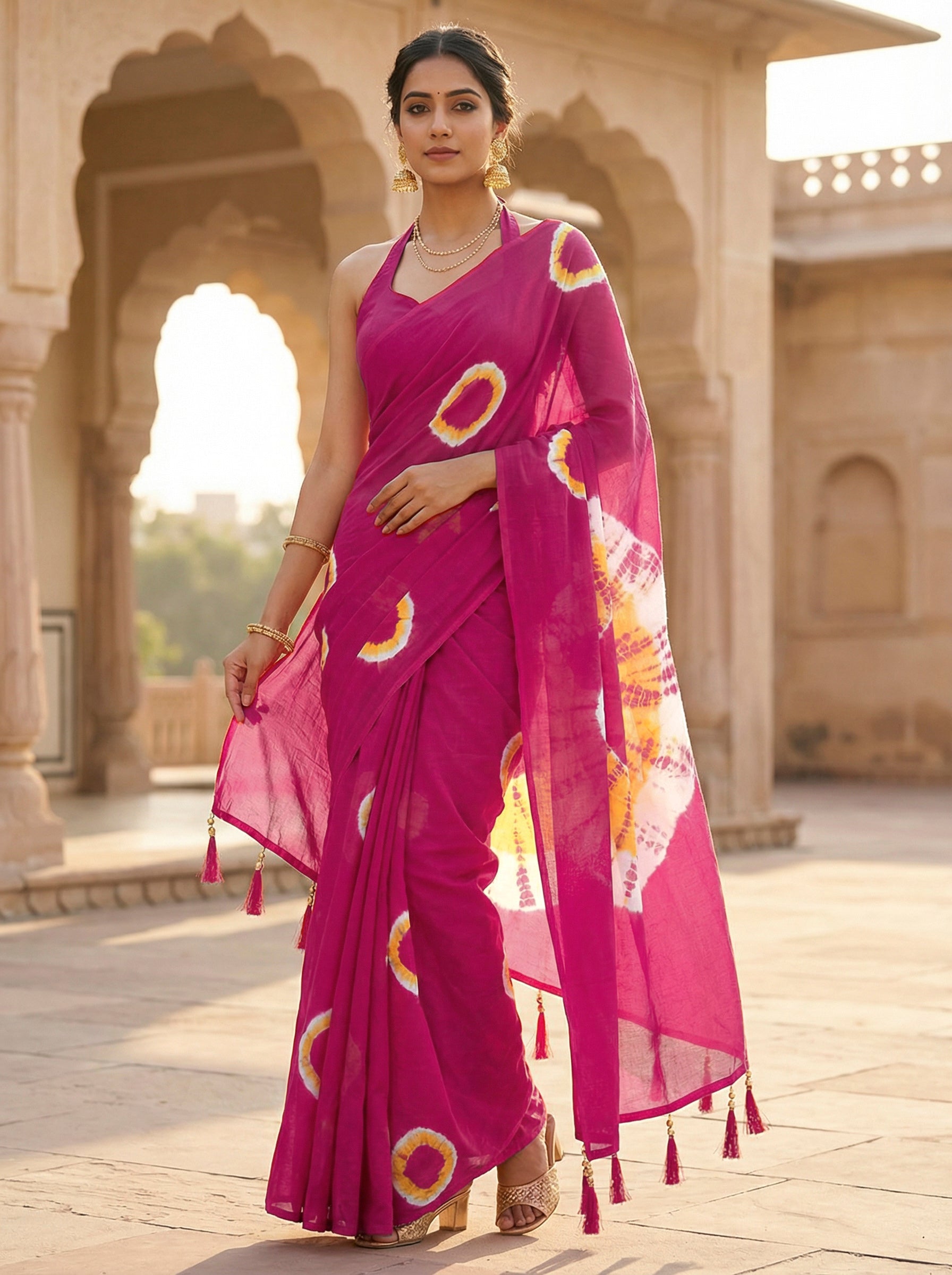 Ready to wear Pink and yellow colored pure jaipuri shibori printed cotton saree