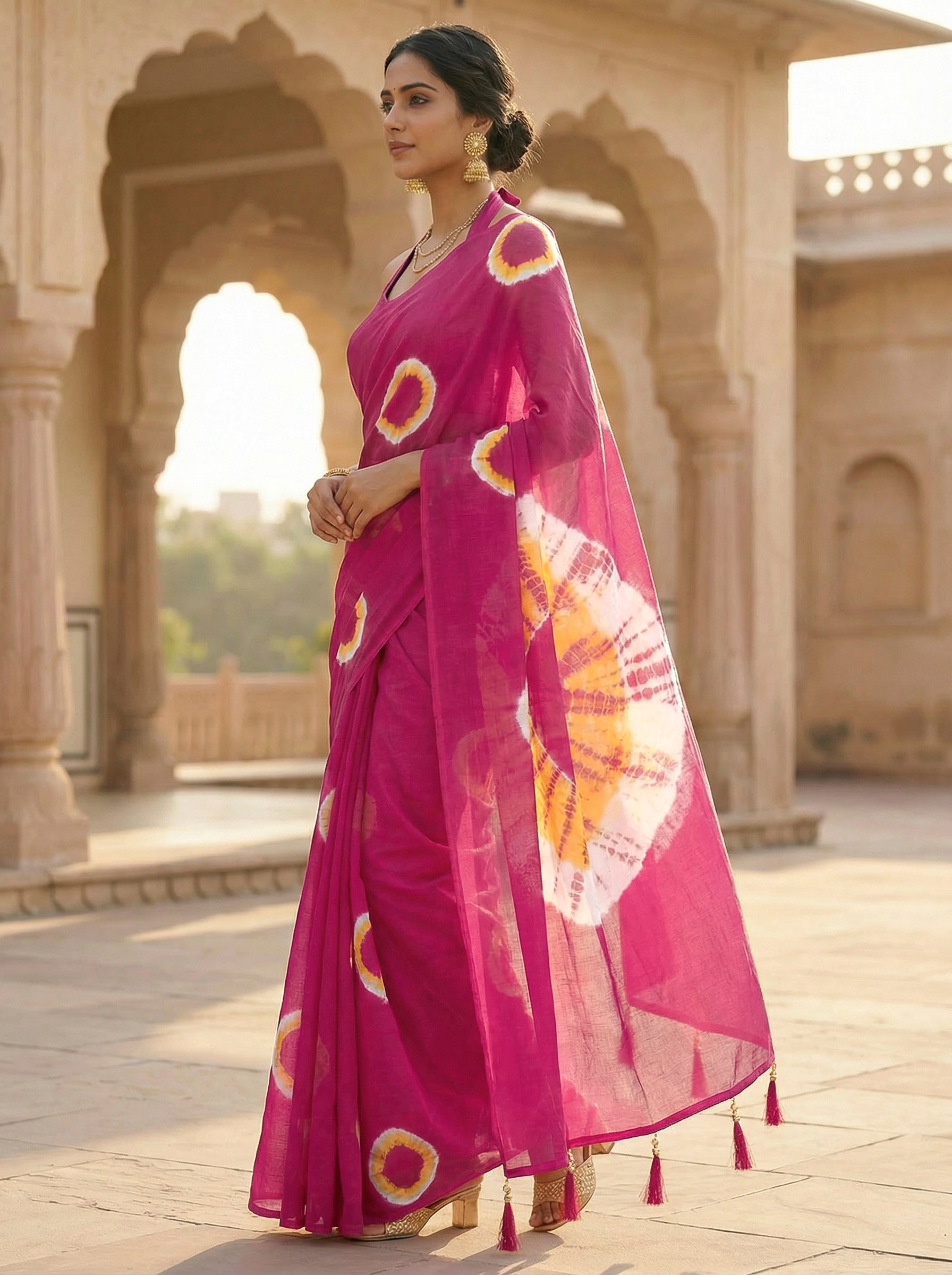 Ready to wear Pink and yellow colored pure jaipuri shibori printed cotton saree