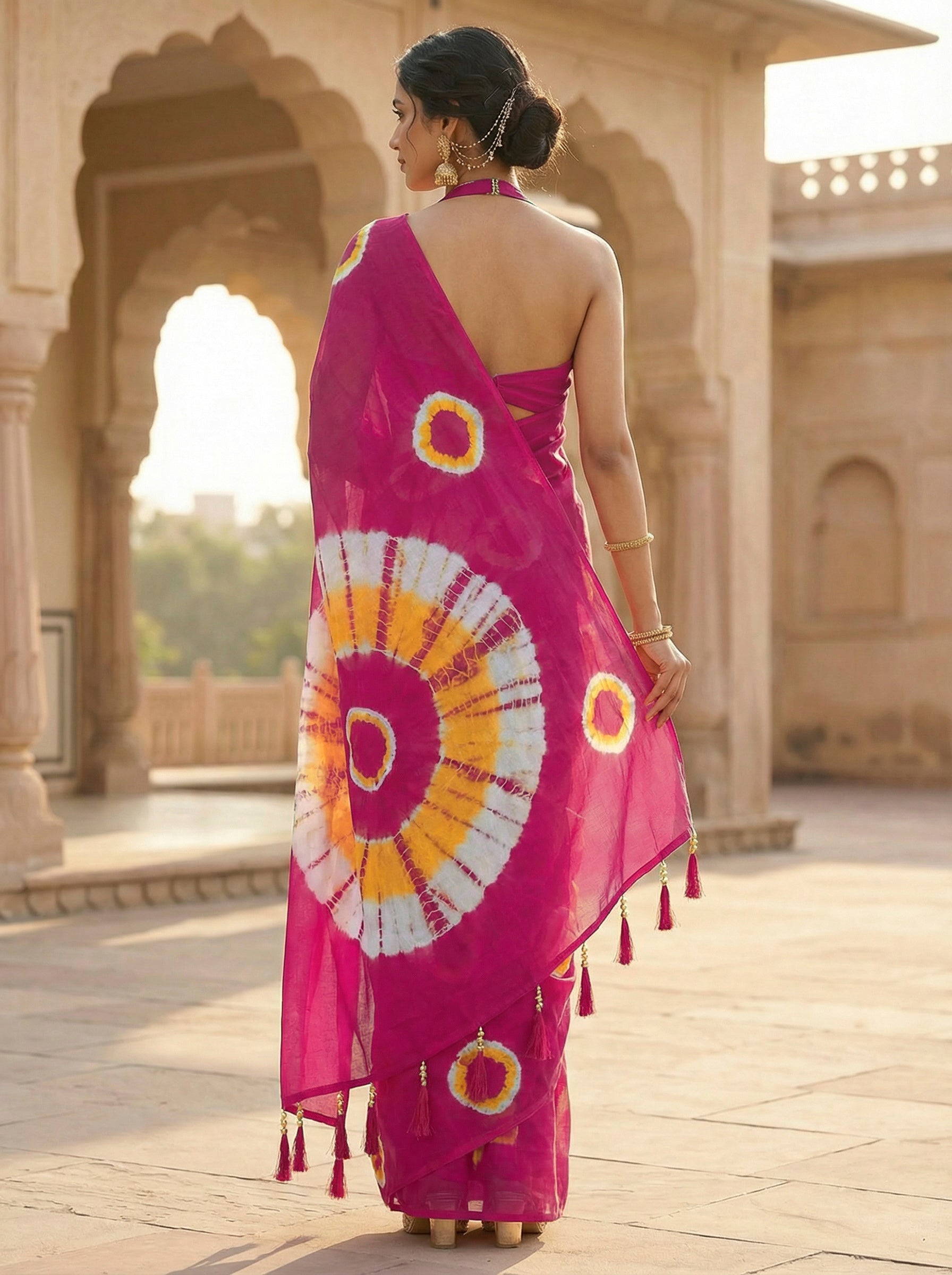 Ready to wear Pink and yellow colored pure jaipuri shibori printed cotton saree