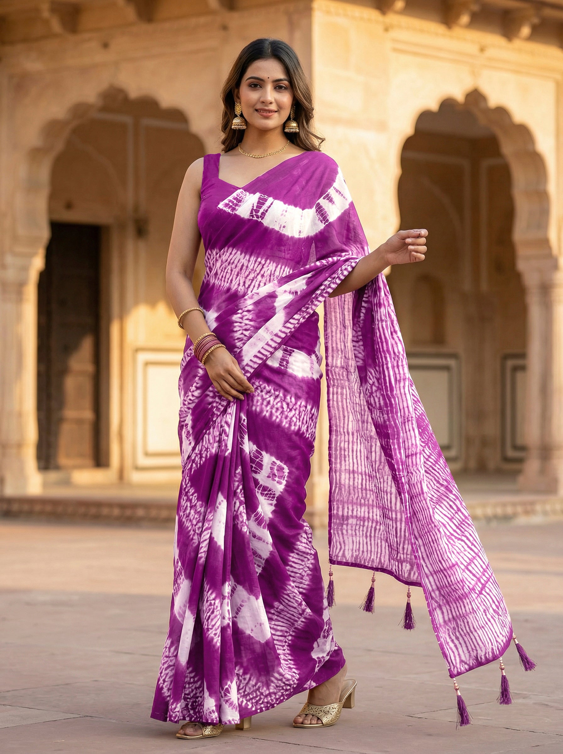 Ready to wear magenta colored pure jaipuri shibori printed cotton saree
