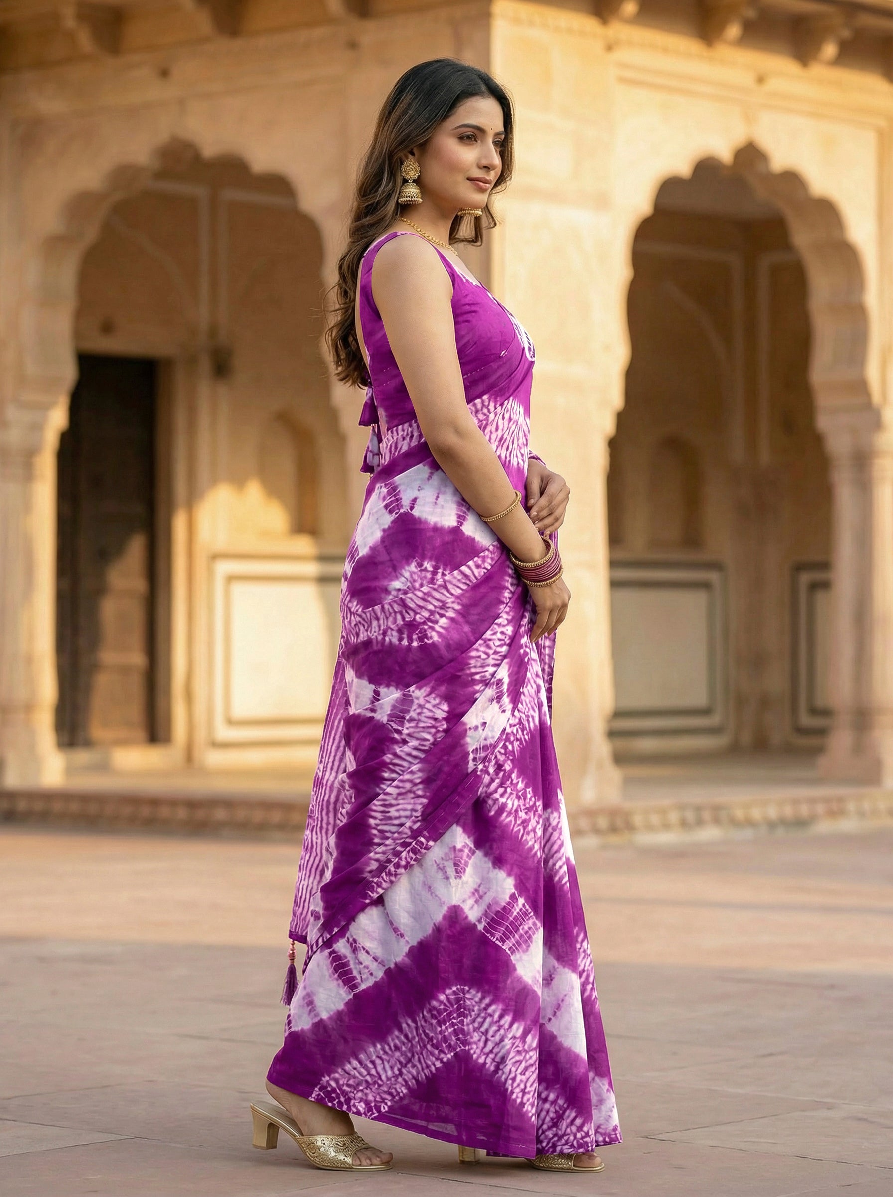 Ready to wear magenta colored pure jaipuri shibori printed cotton saree