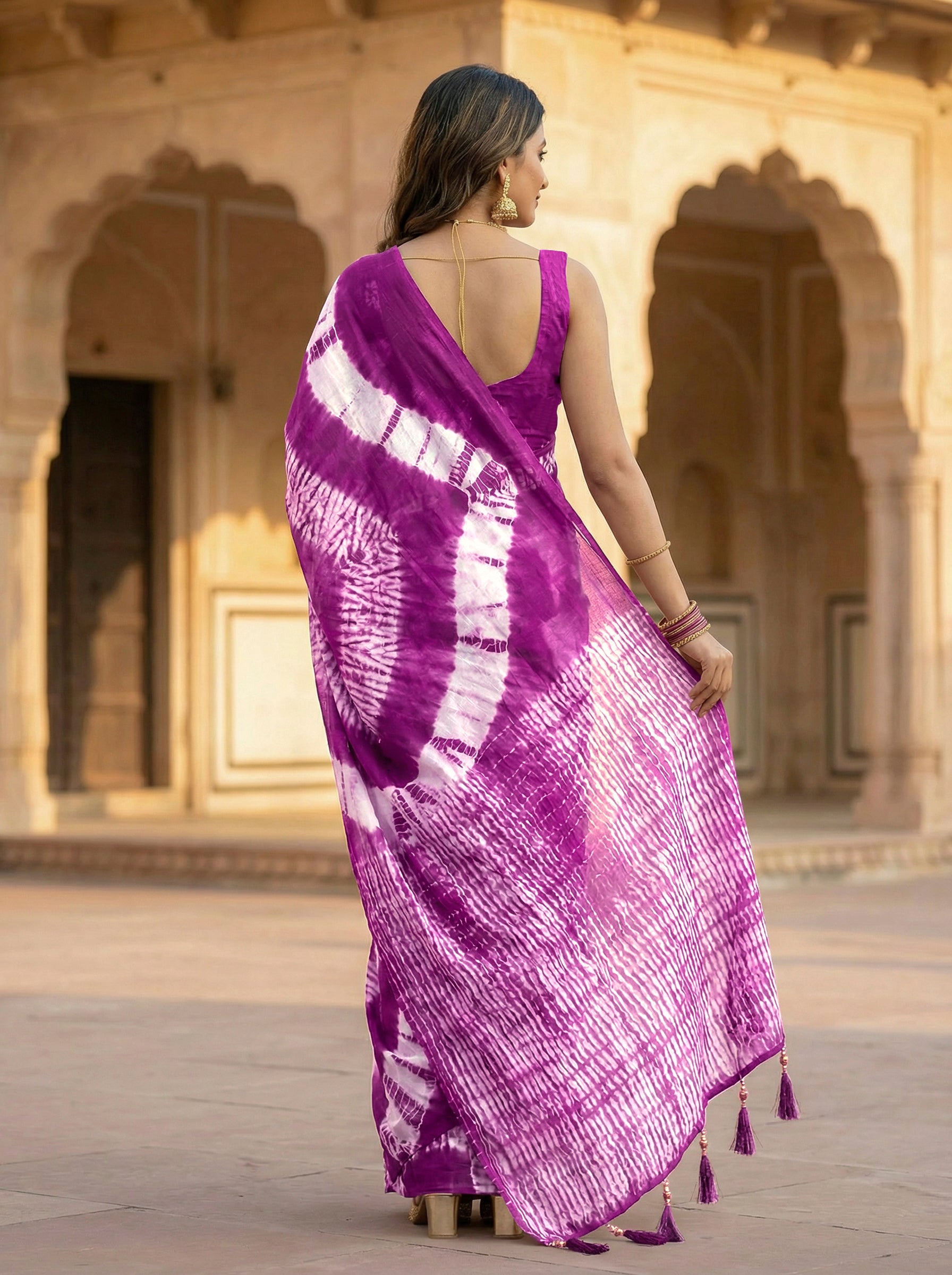 Ready to wear magenta colored pure jaipuri shibori printed cotton saree