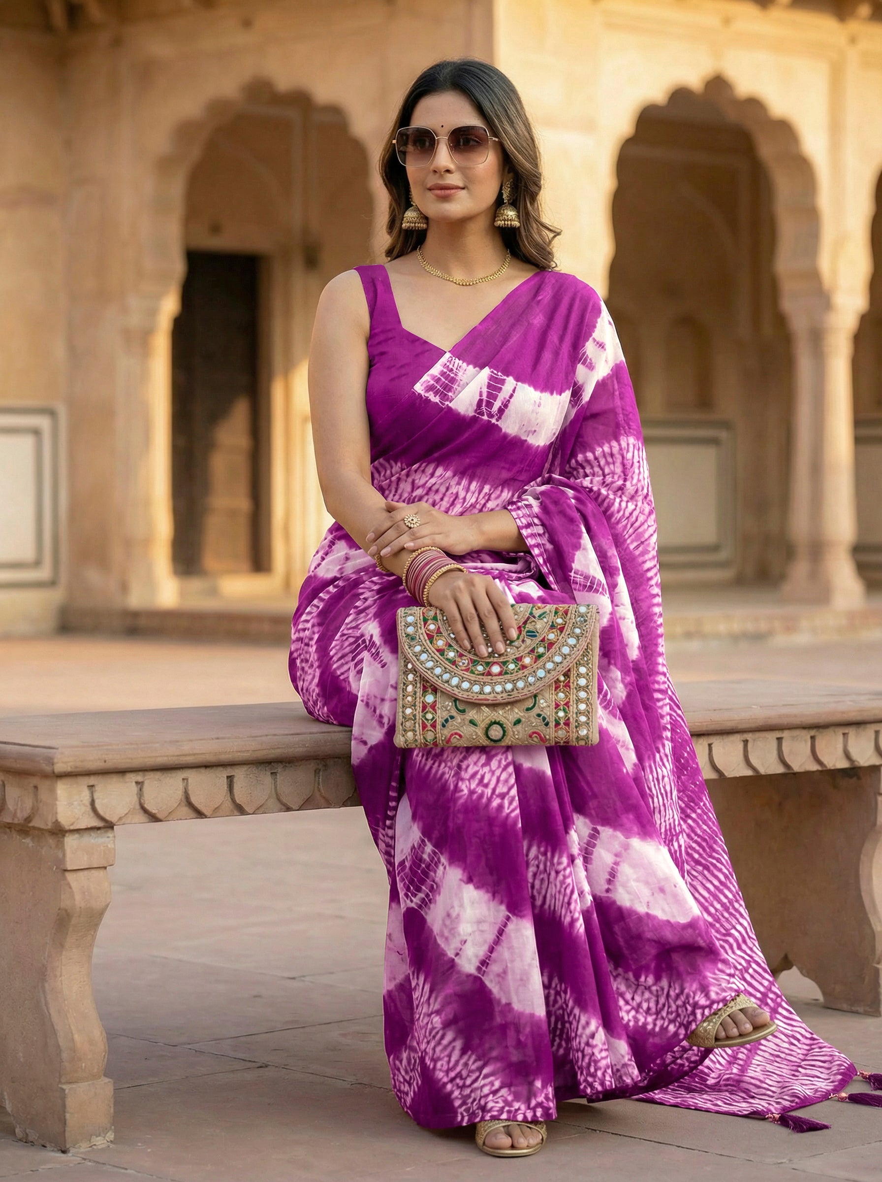 Ready to wear magenta colored pure jaipuri shibori printed cotton saree