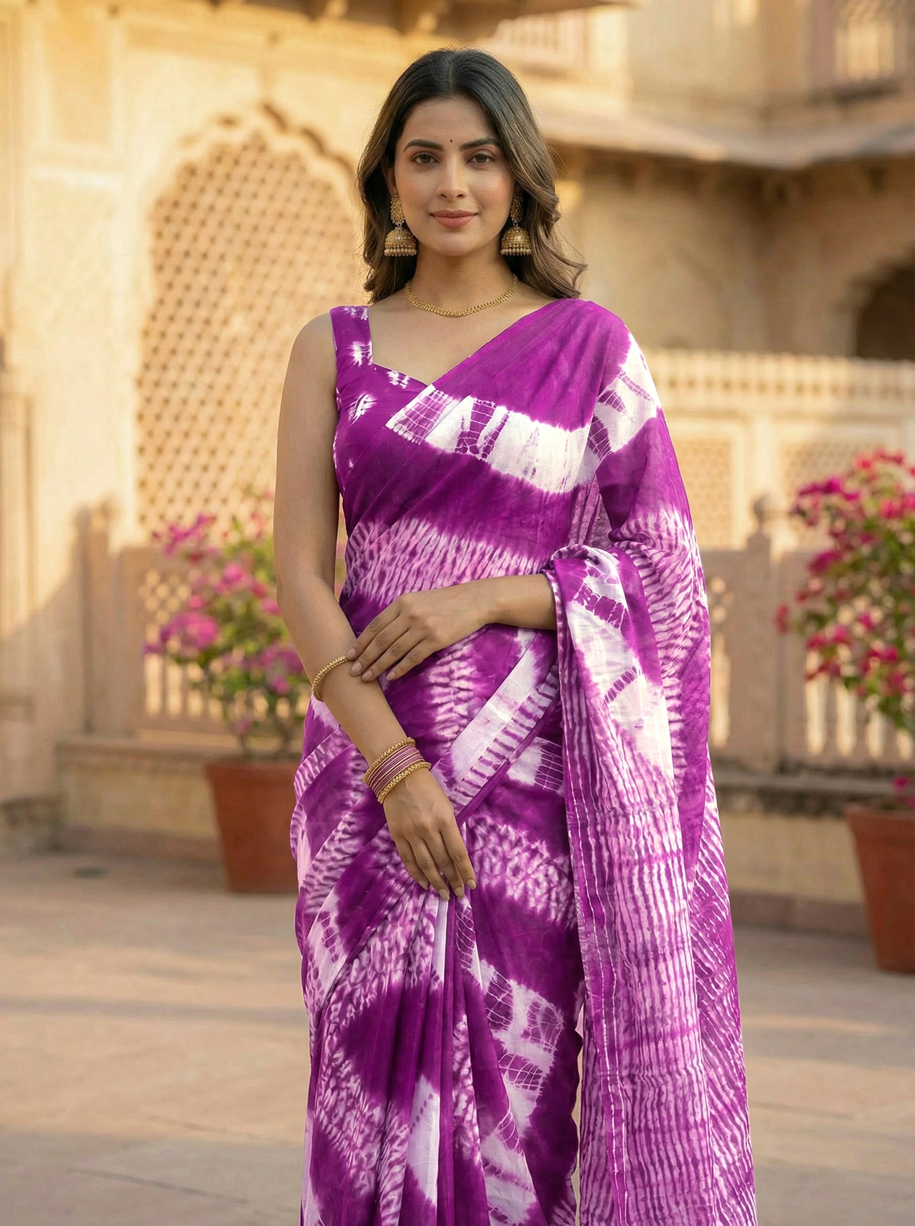 Ready to wear magenta colored pure jaipuri shibori printed cotton saree