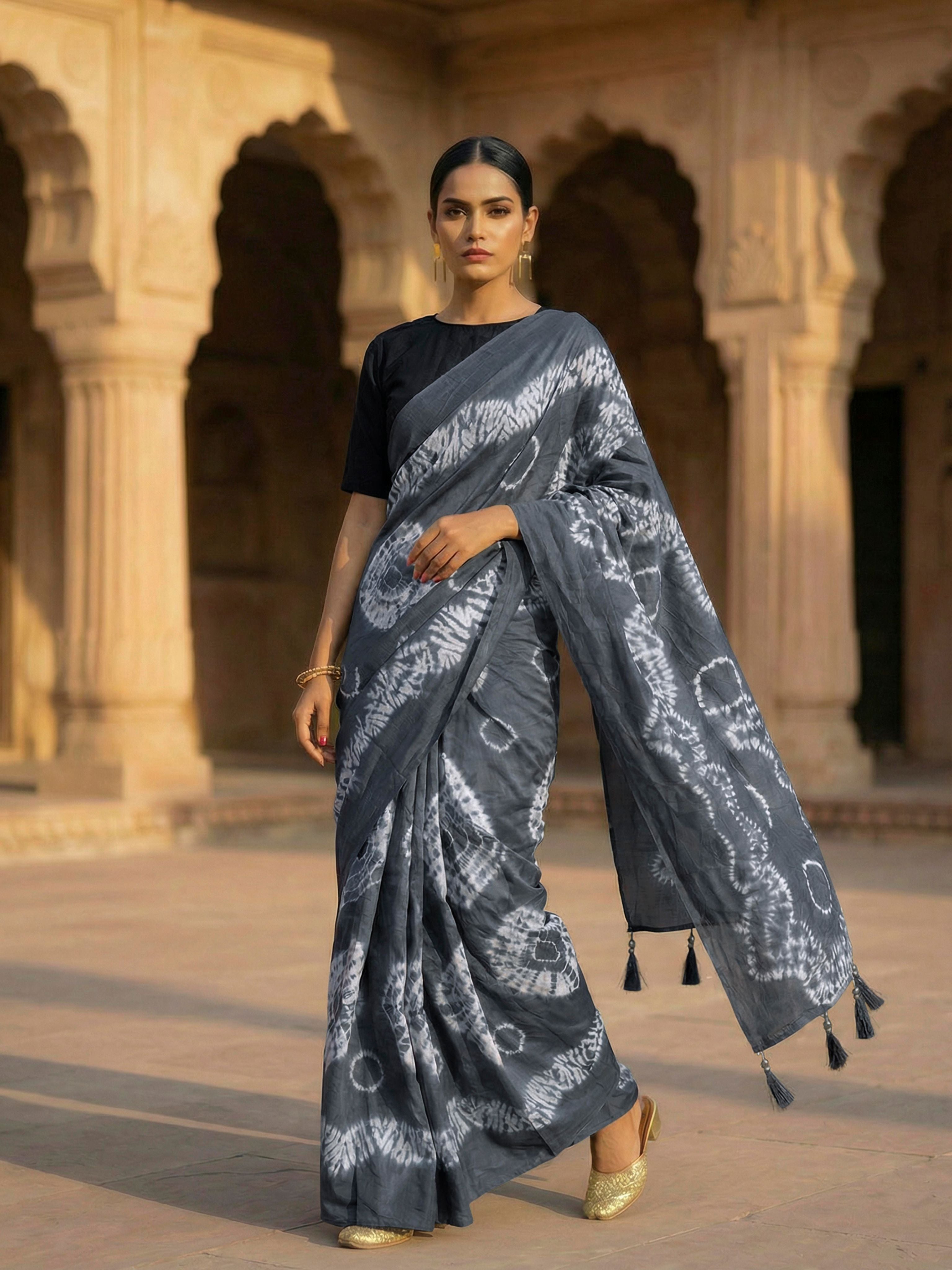 Easy to wear grey colored shibori print pure jaipuri cotton saree