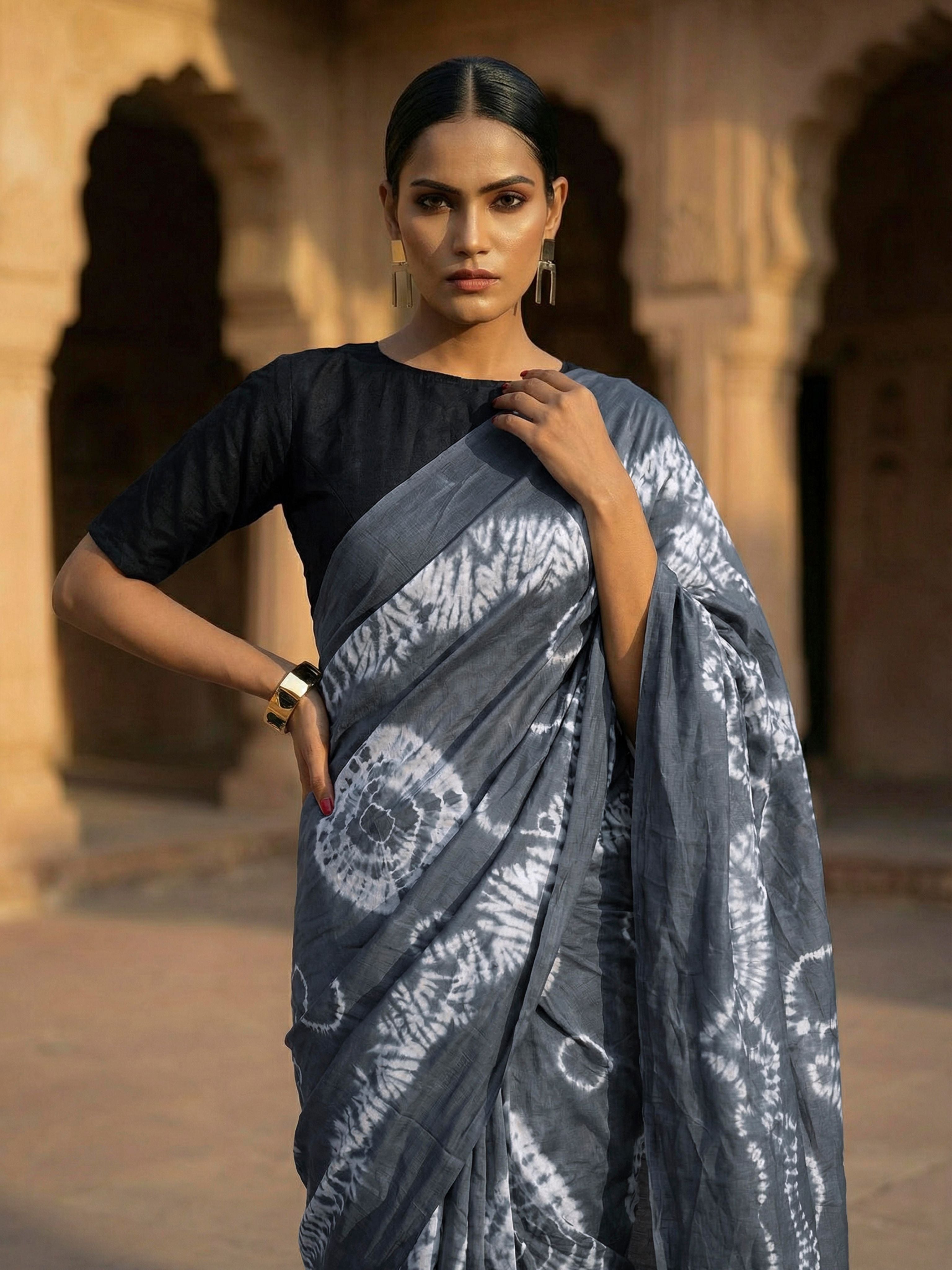 Easy to wear grey colored shibori print pure jaipuri cotton saree