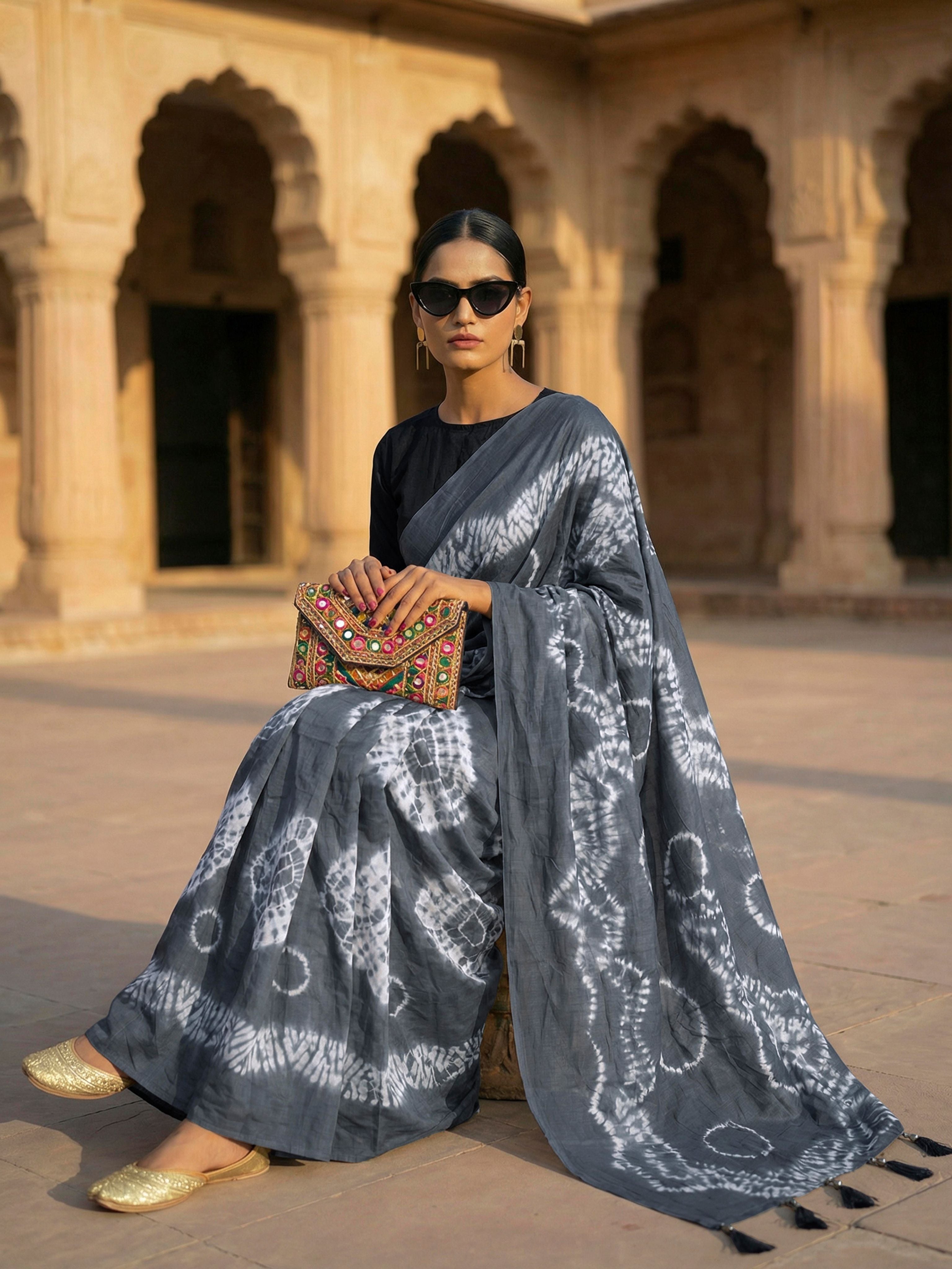 Easy to wear grey colored shibori print pure jaipuri cotton saree