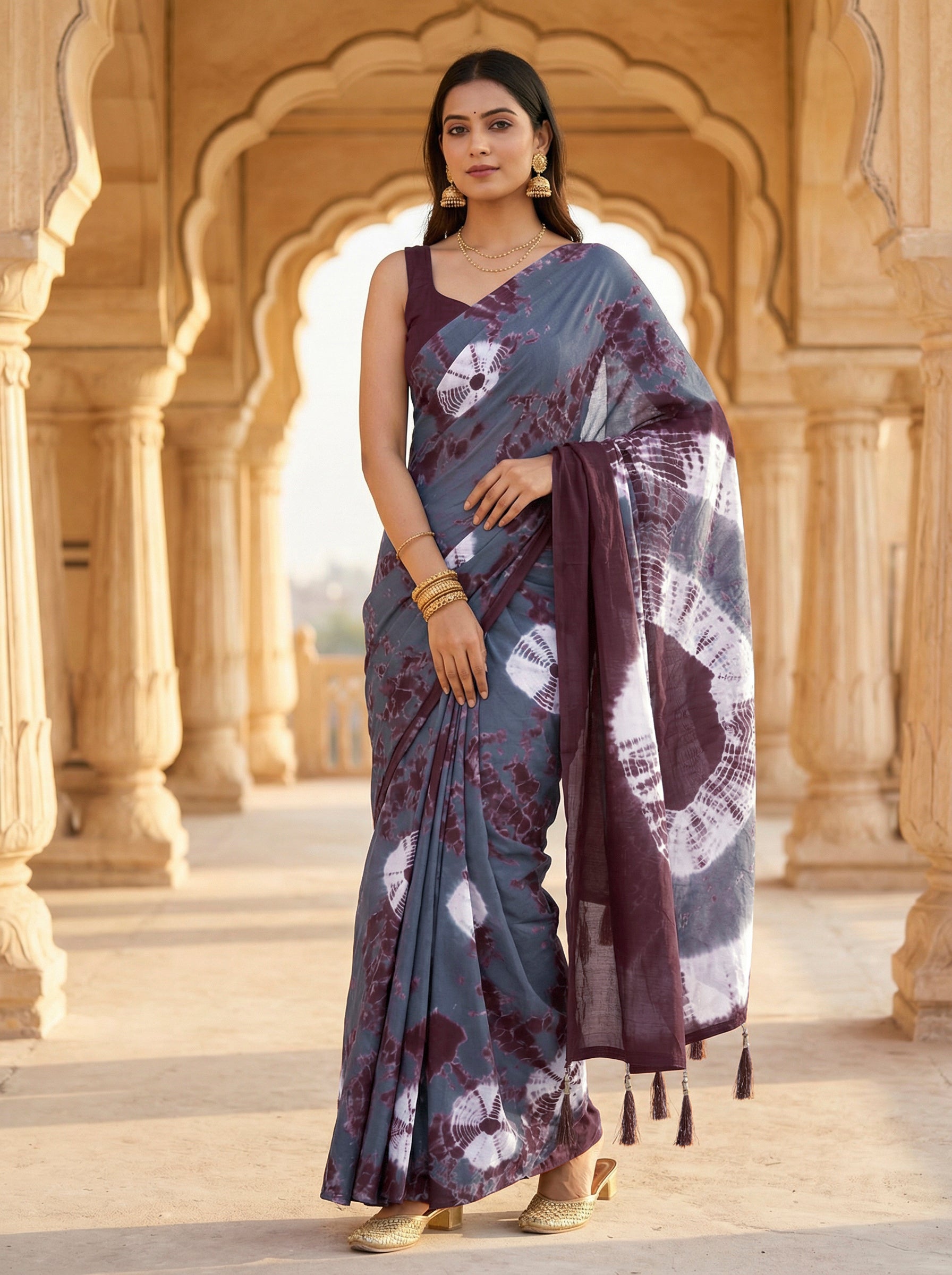 Ready to wear brown and grey colored pure jaipuri shibori printed cotton saree