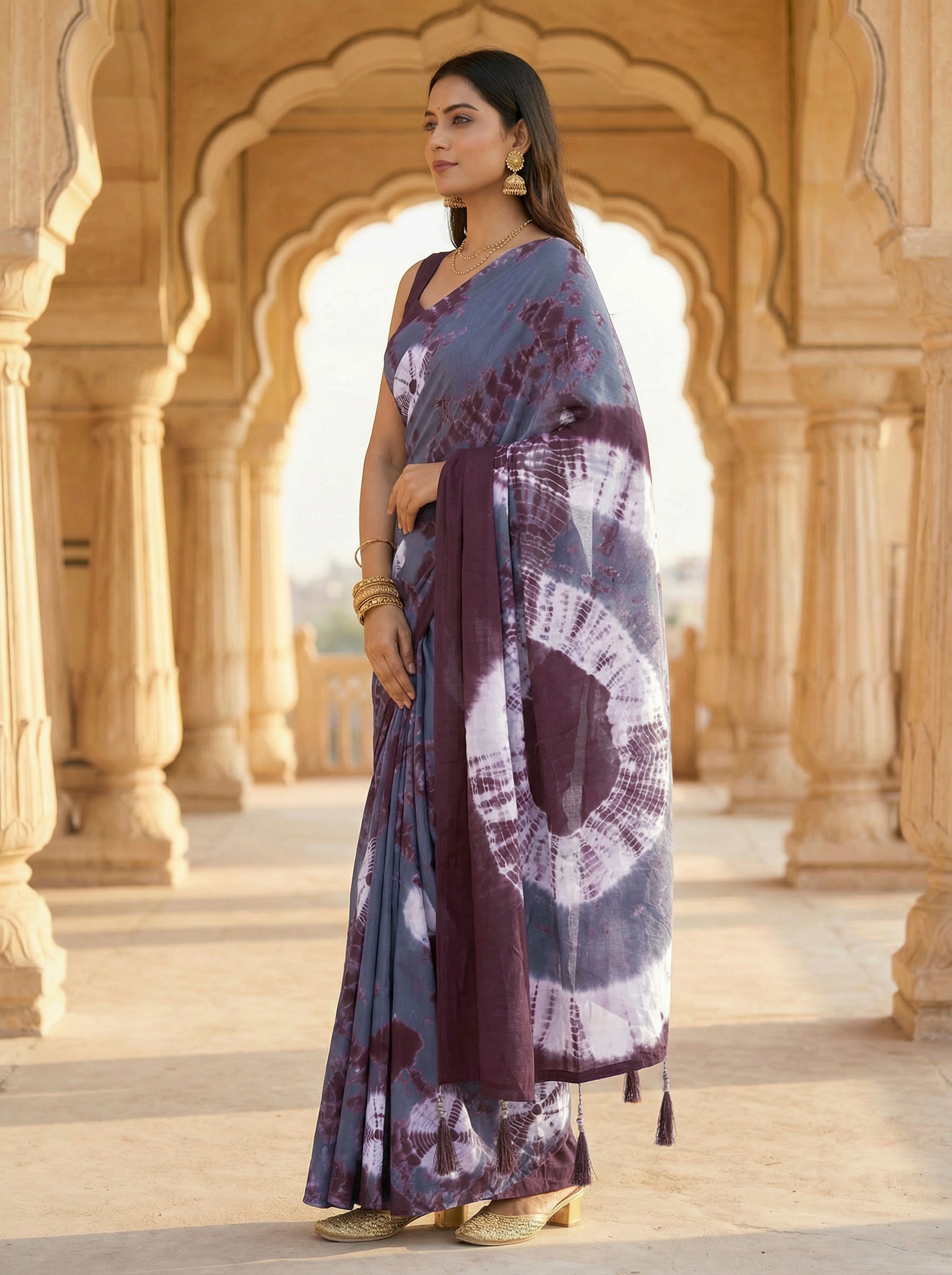 Ready to wear brown and grey colored pure jaipuri shibori printed cotton saree
