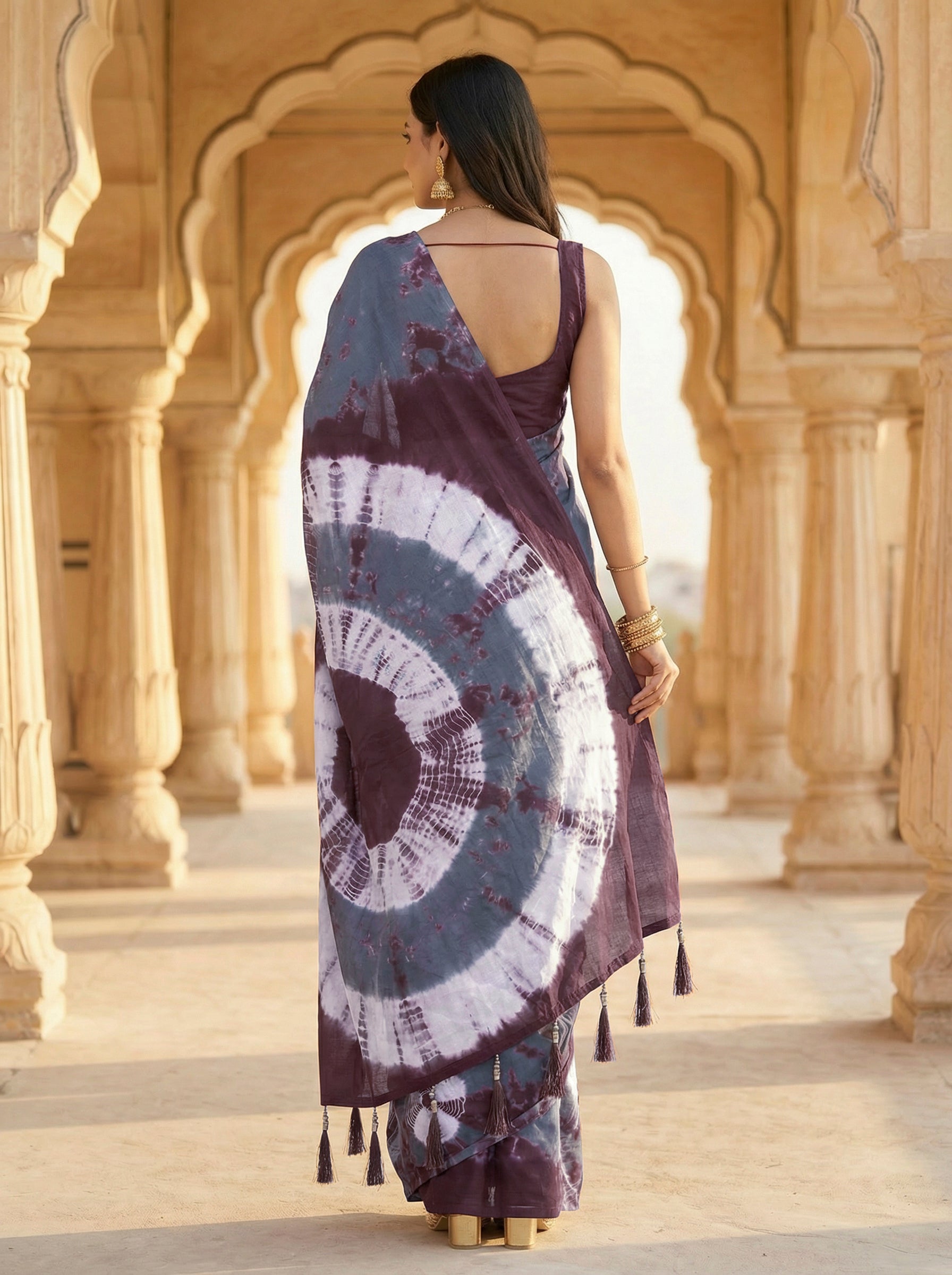 Ready to wear brown and grey colored pure jaipuri shibori printed cotton saree