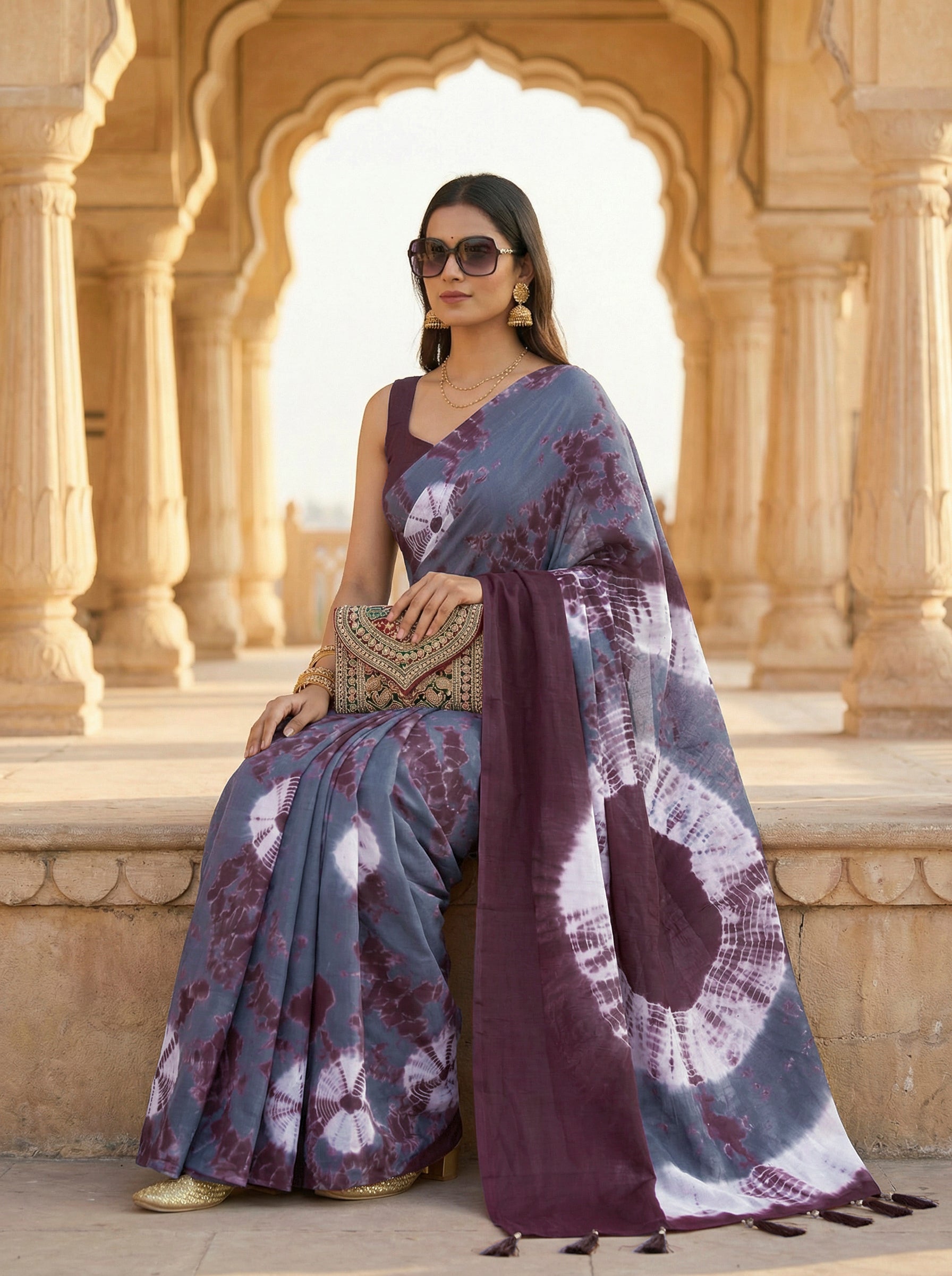 Ready to wear brown and grey colored pure jaipuri shibori printed cotton saree