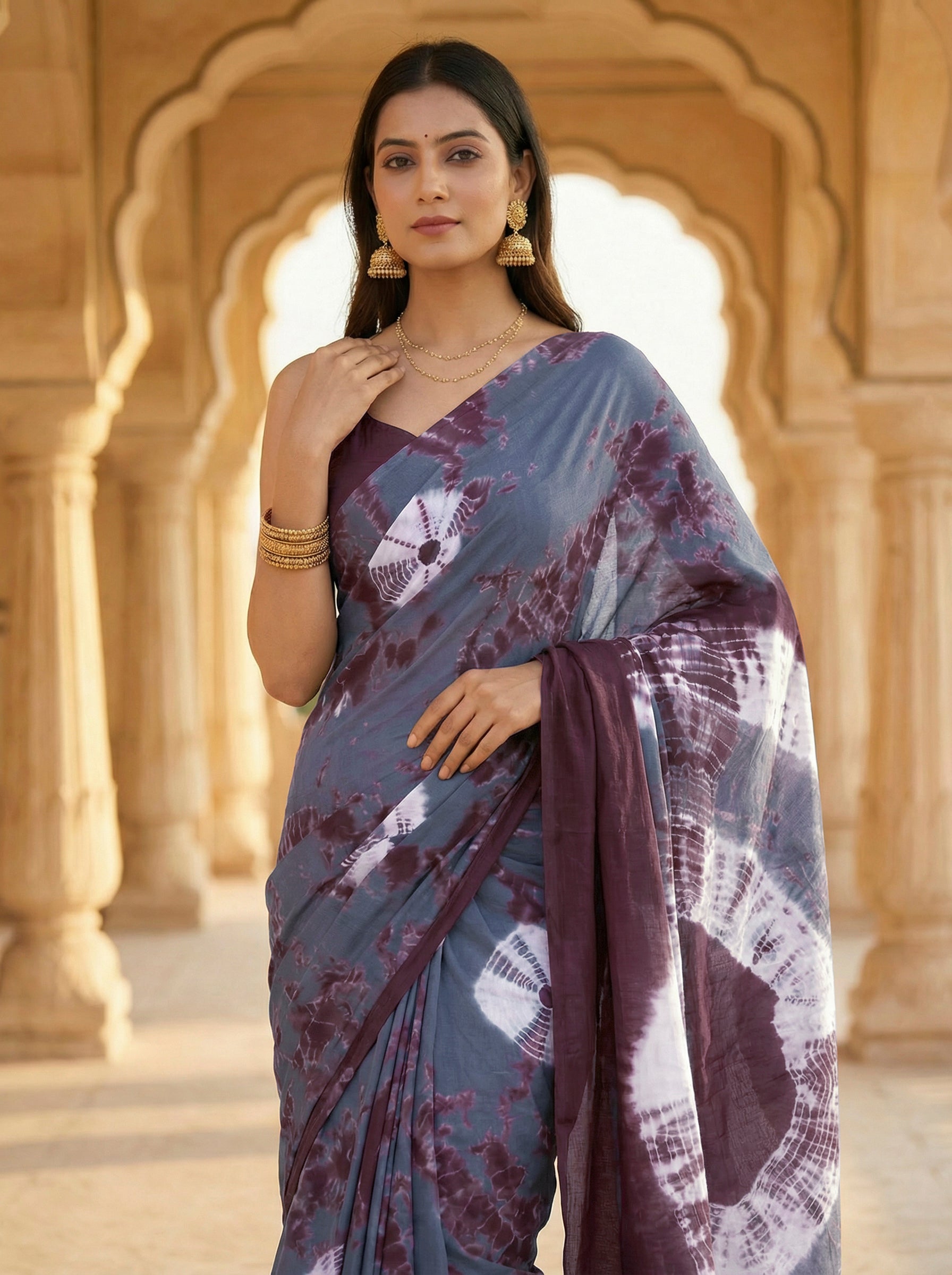 Ready to wear brown and grey colored pure jaipuri shibori printed cotton saree