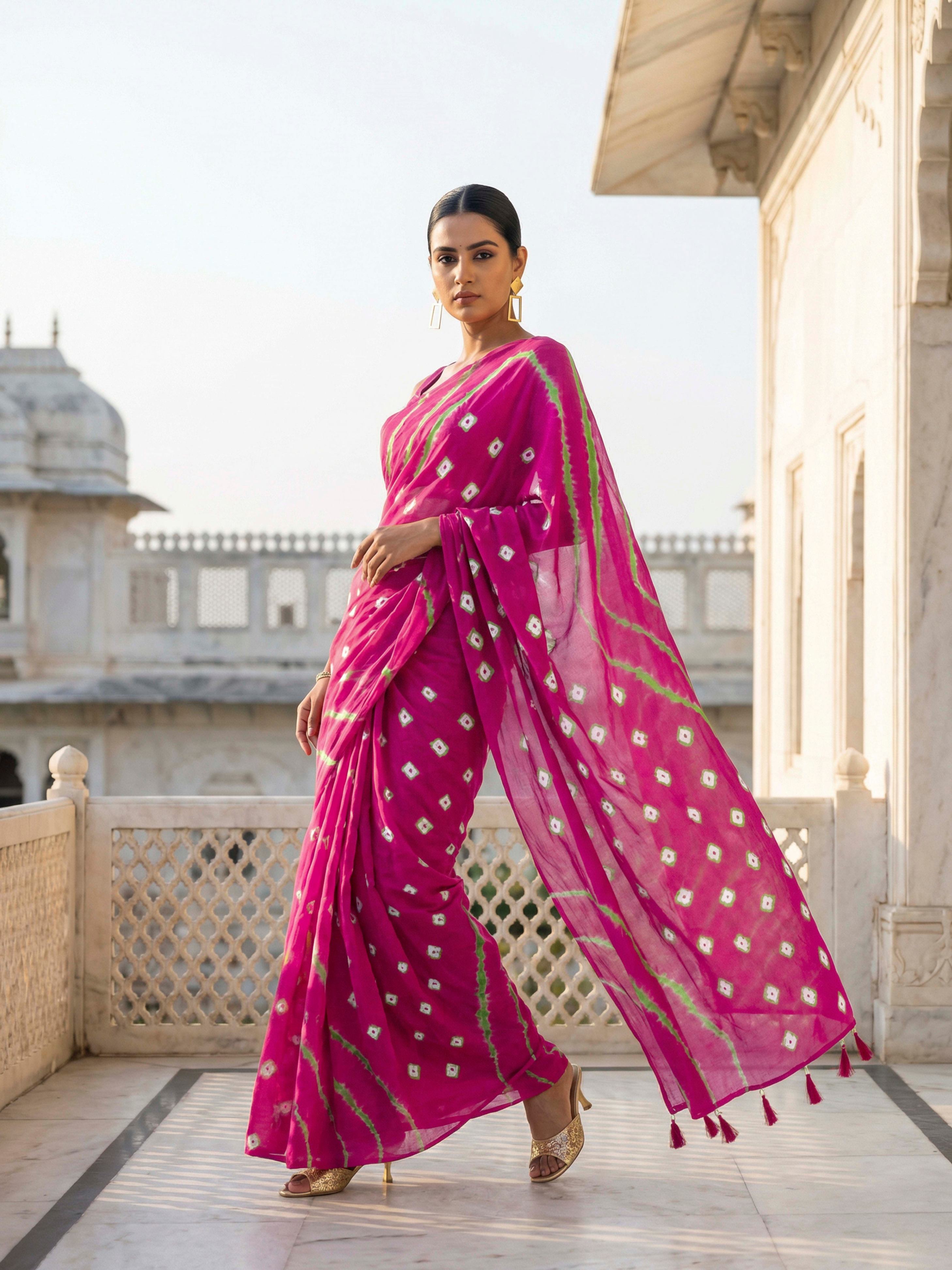 Easy to wear Pink colored bandhni print pure jaipuri cotton saree