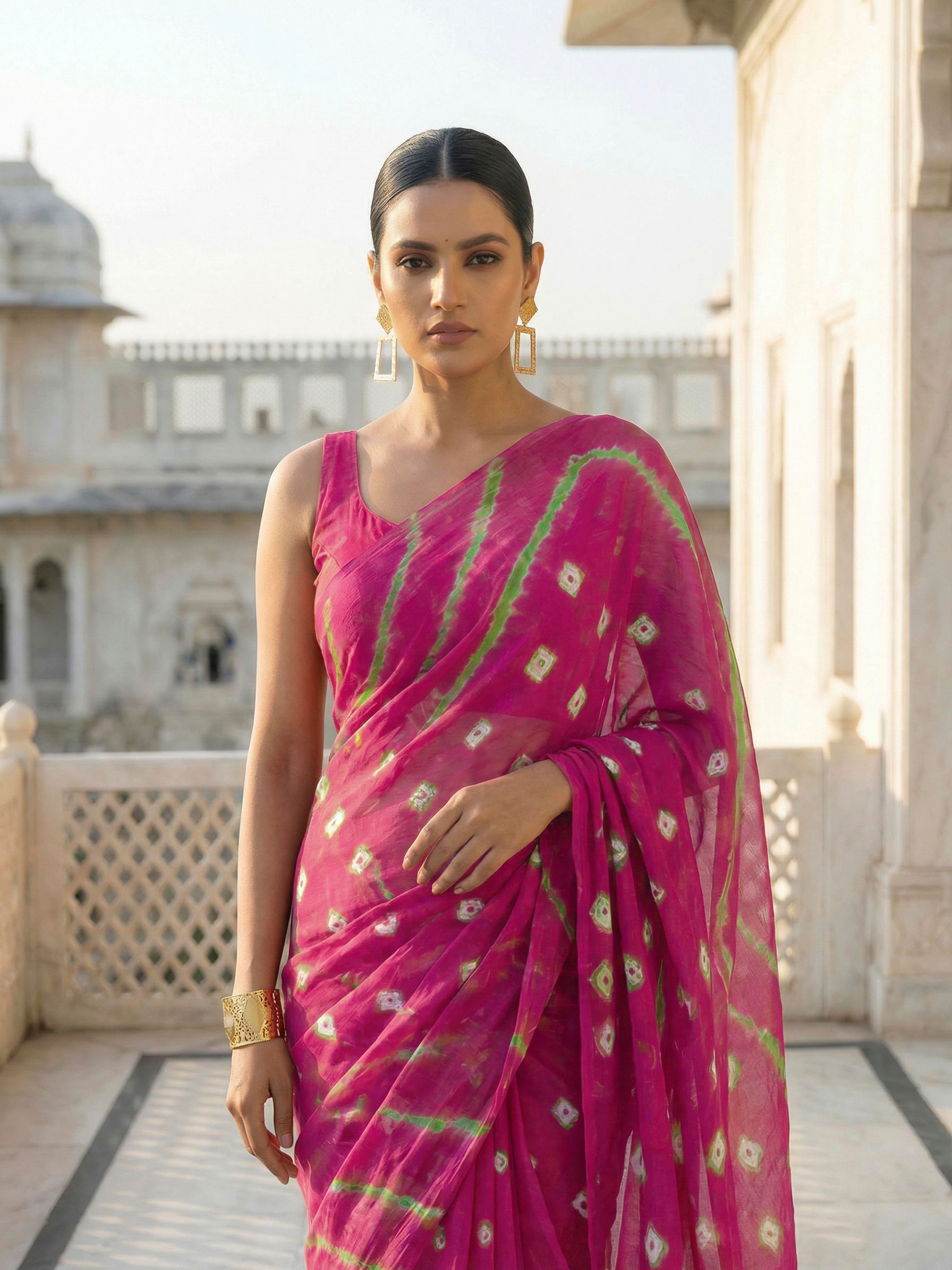 Easy to wear Pink colored bandhni print pure jaipuri cotton saree