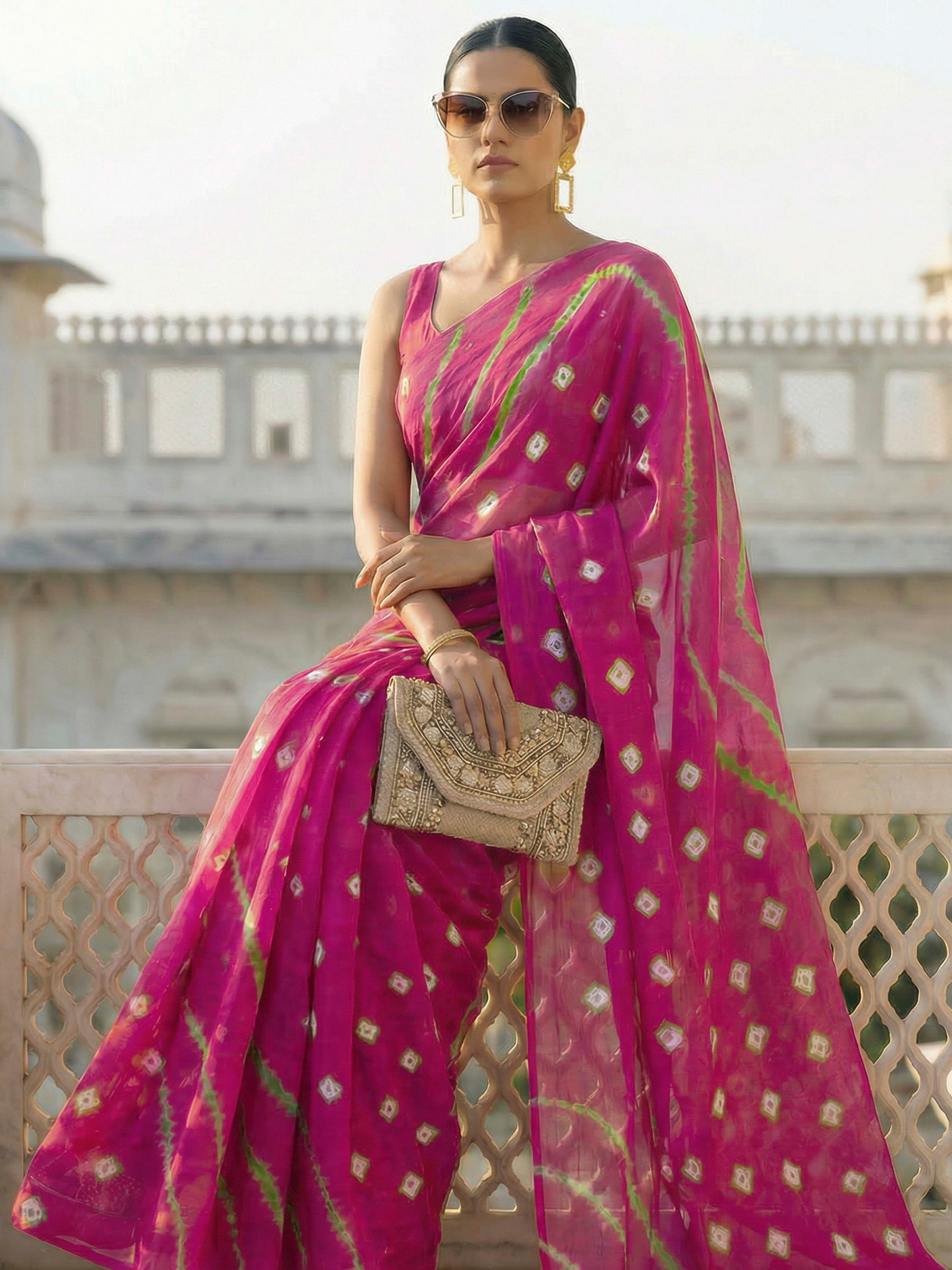 Easy to wear Pink colored bandhni print pure jaipuri cotton saree