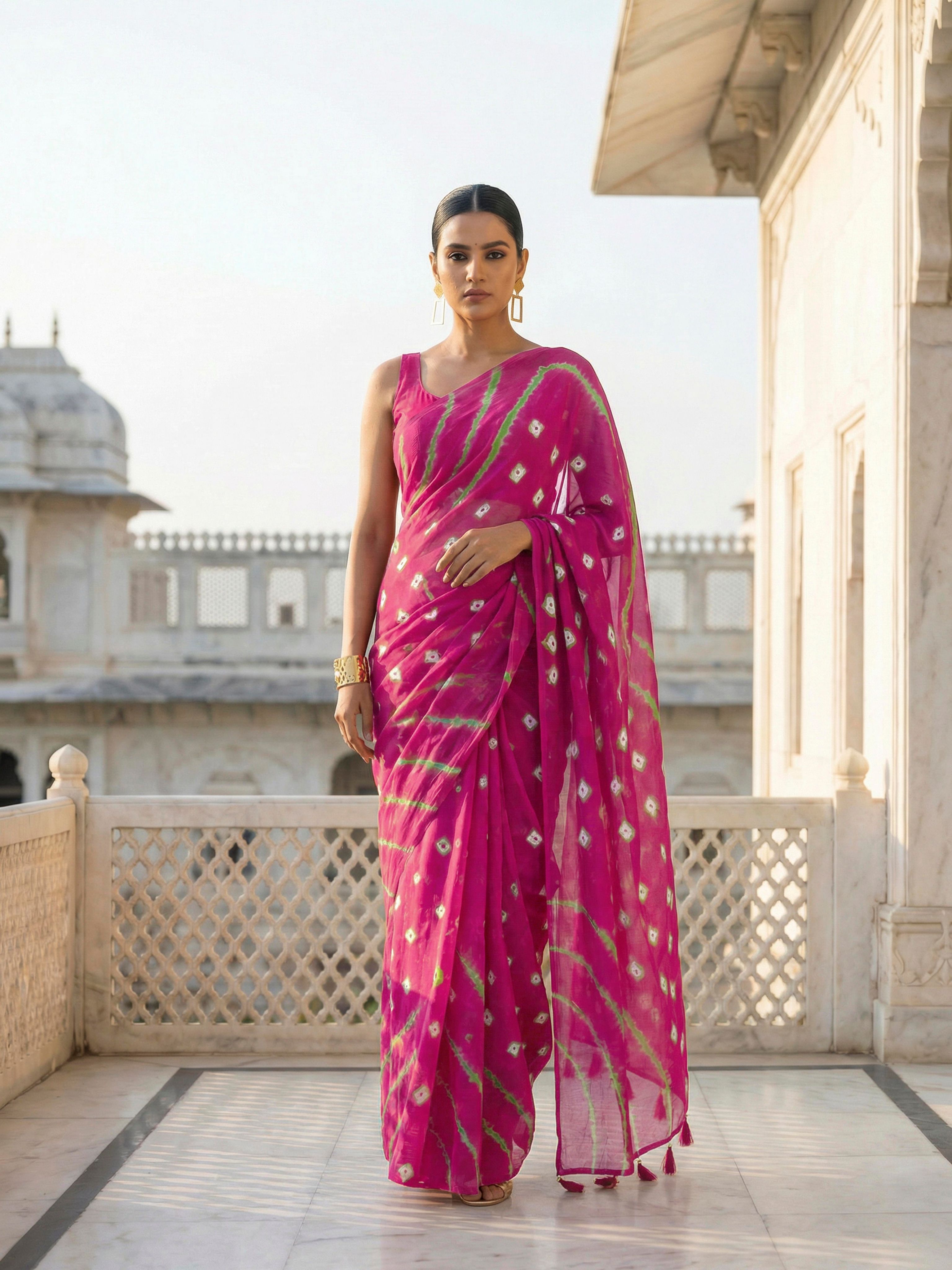 Easy to wear Pink colored bandhni print pure jaipuri cotton saree