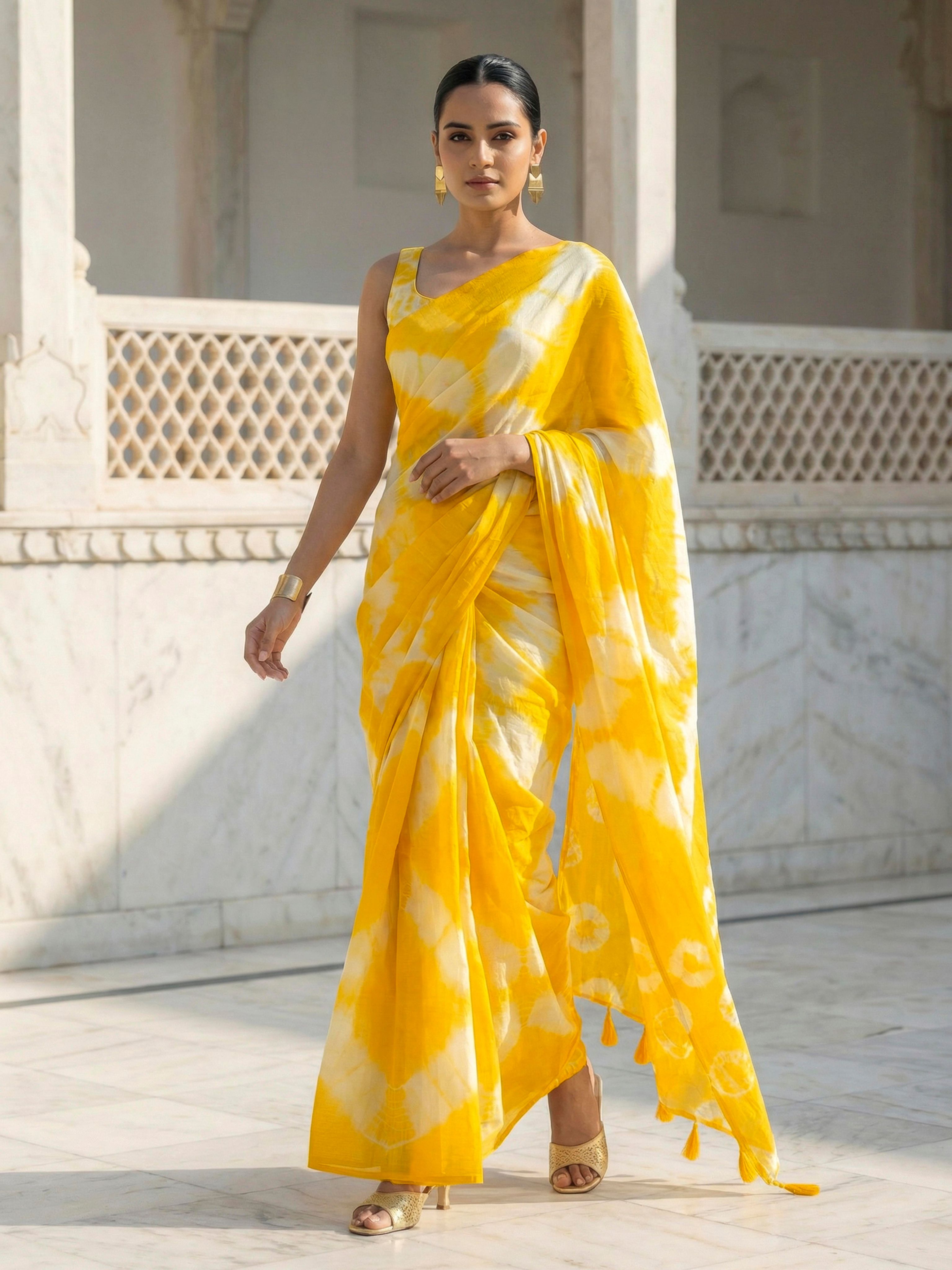 Easy to wear yellow colored shibori print pure jaipuri cotton saree