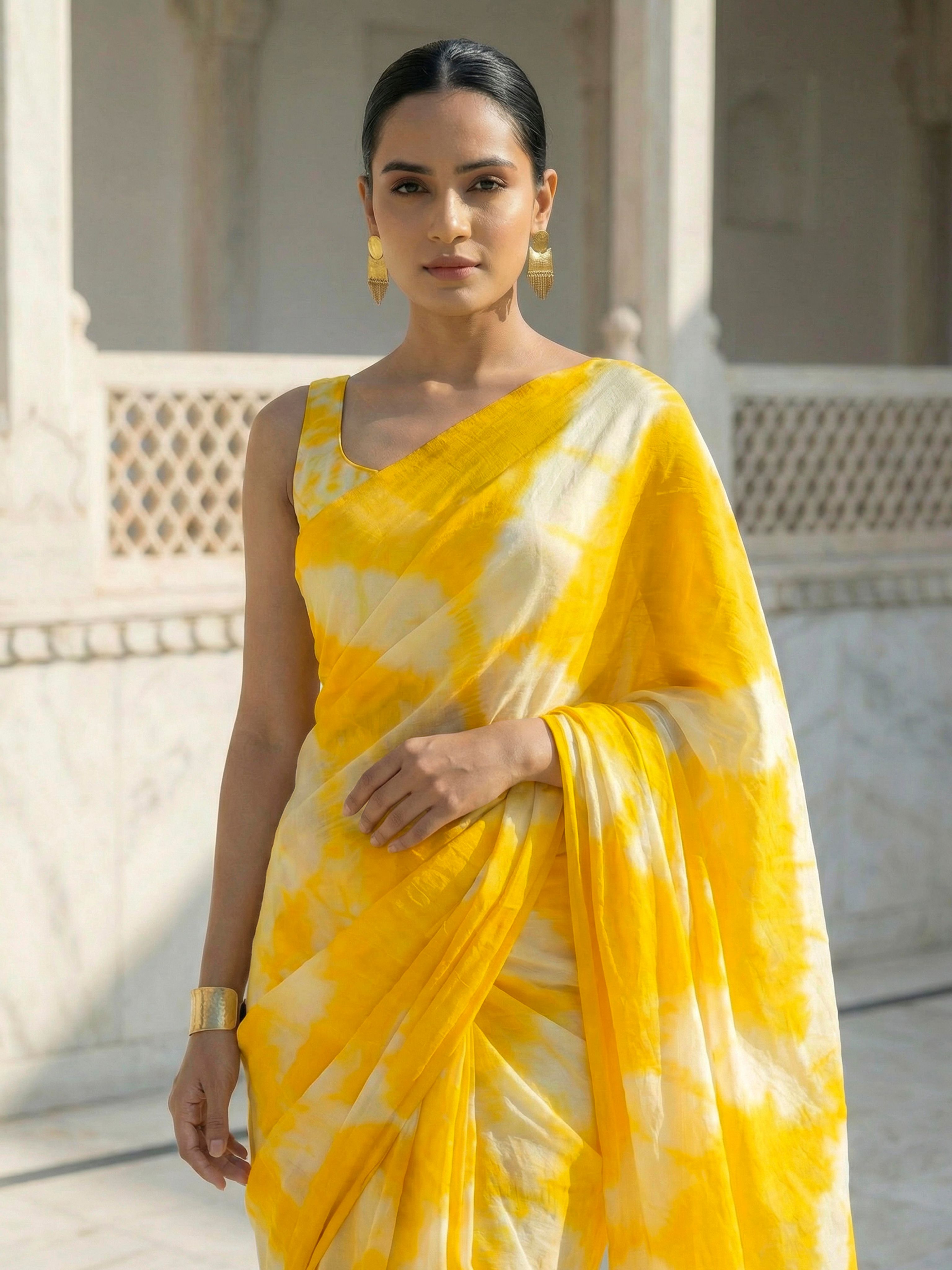 Easy to wear yellow colored shibori print pure jaipuri cotton saree