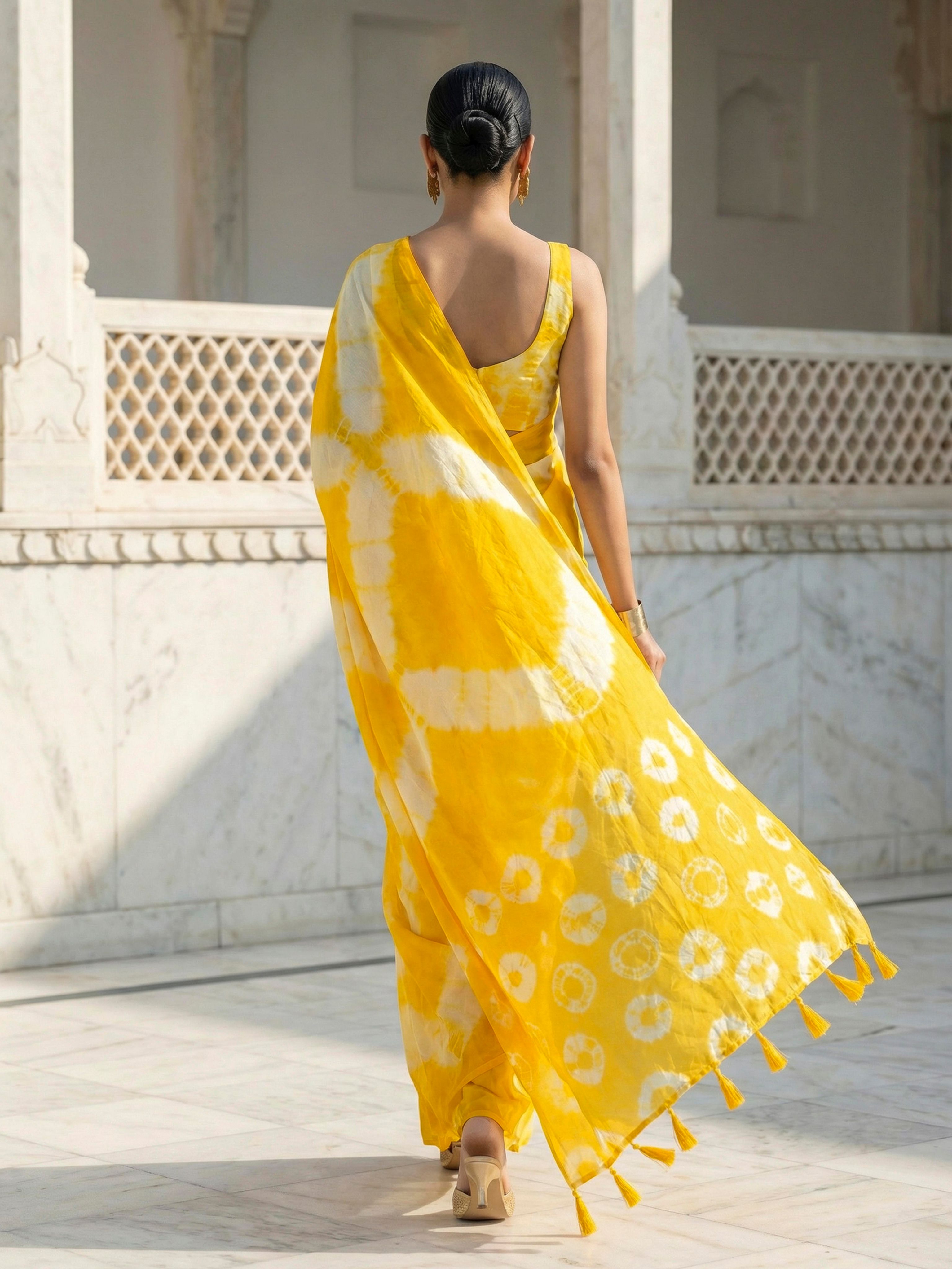 Easy to wear yellow colored shibori print pure jaipuri cotton saree