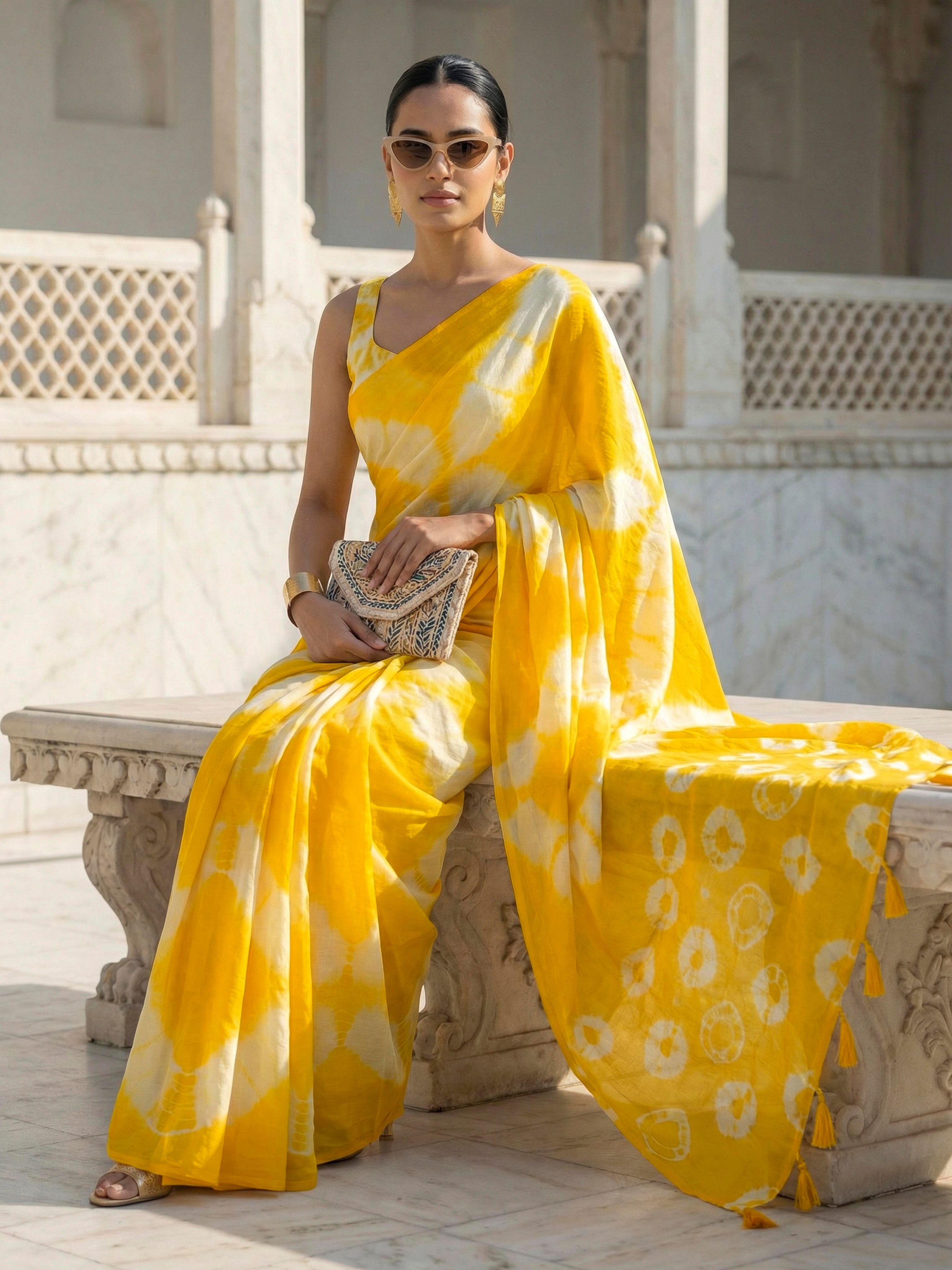 Easy to wear yellow colored shibori print pure jaipuri cotton saree