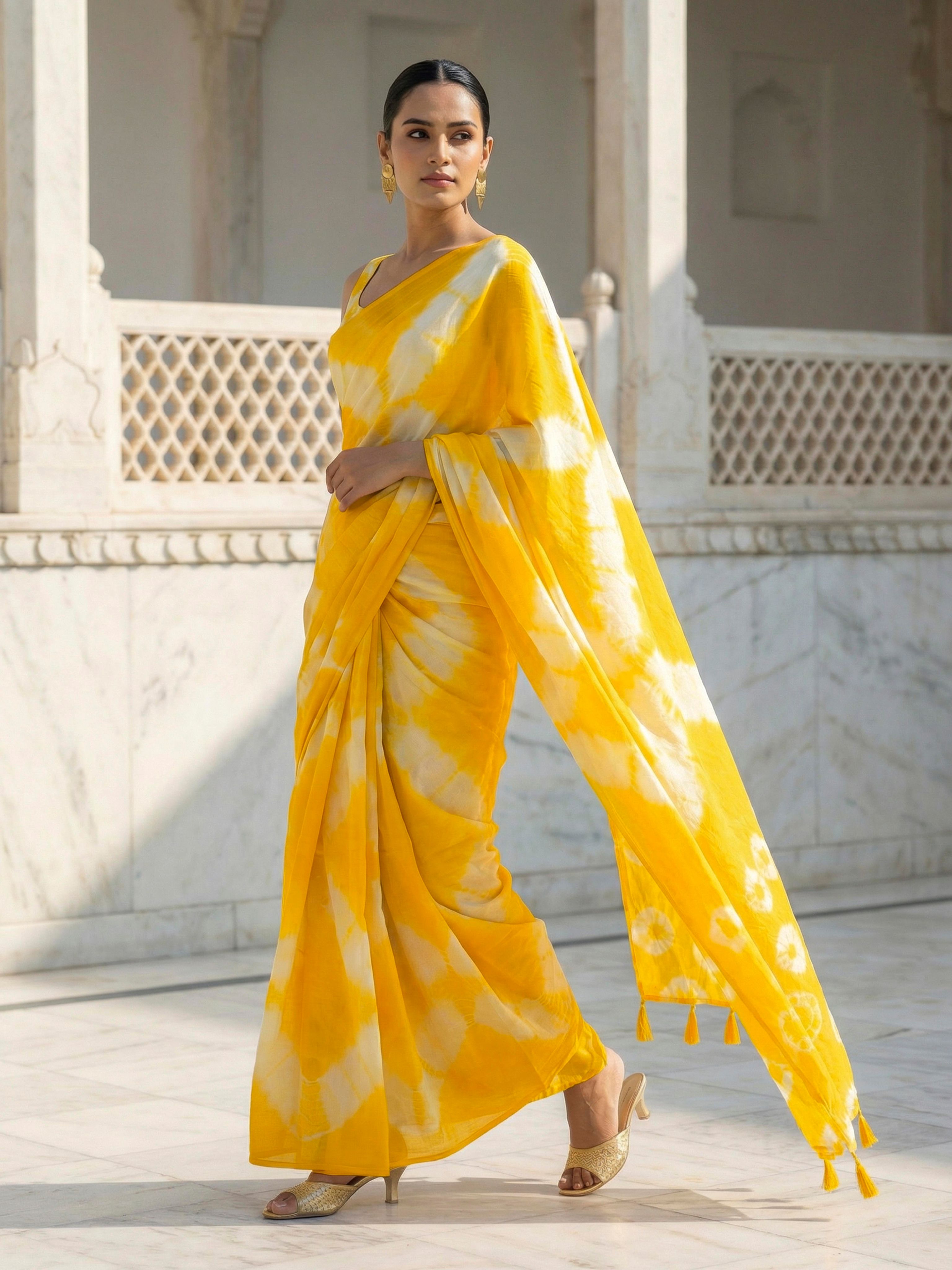 Easy to wear yellow colored shibori print pure jaipuri cotton saree
