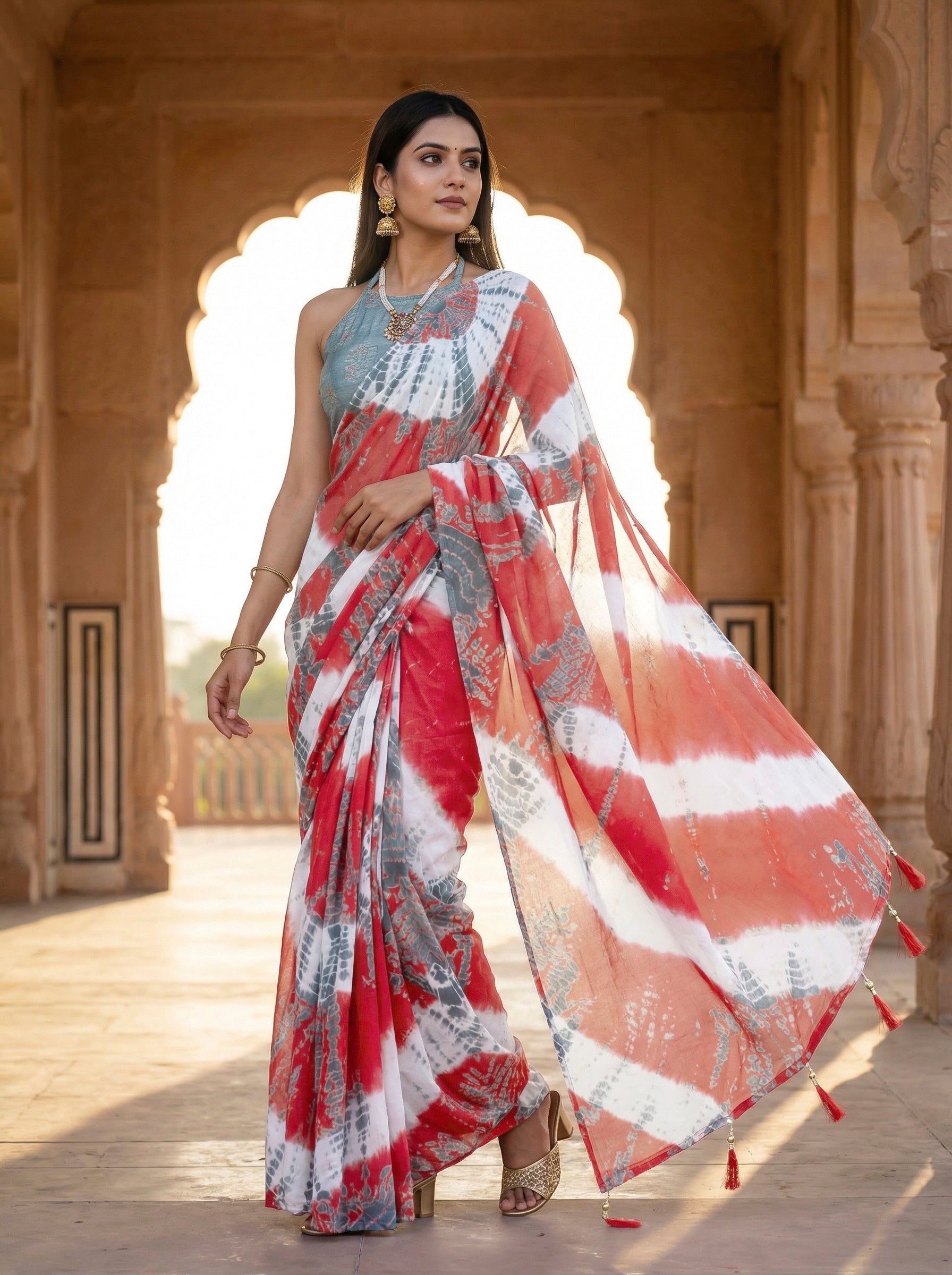 Ready to wear Red and grey colored pure jaipuri shibori printed cotton saree