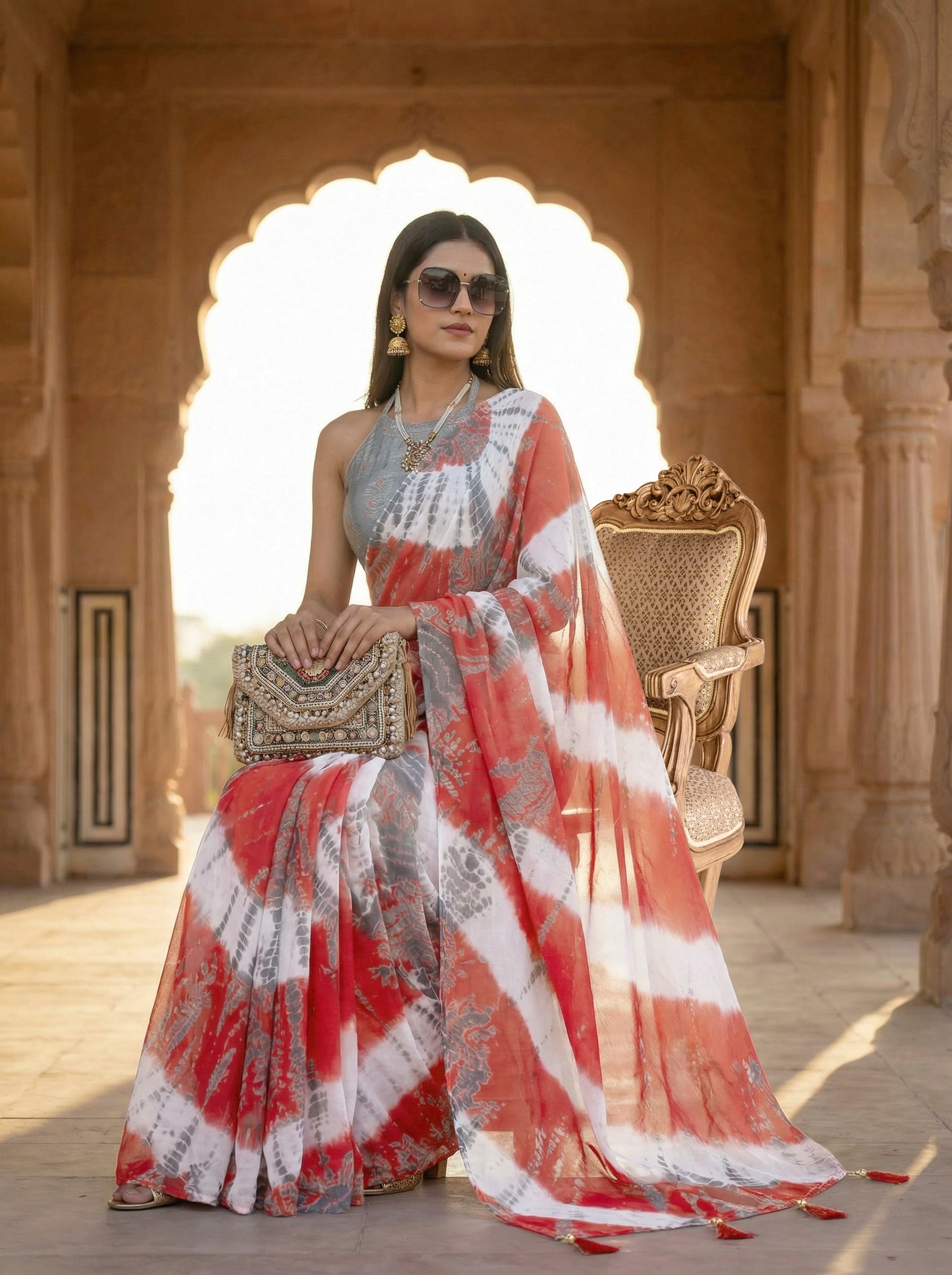 Ready to wear Red and grey colored pure jaipuri shibori printed cotton saree