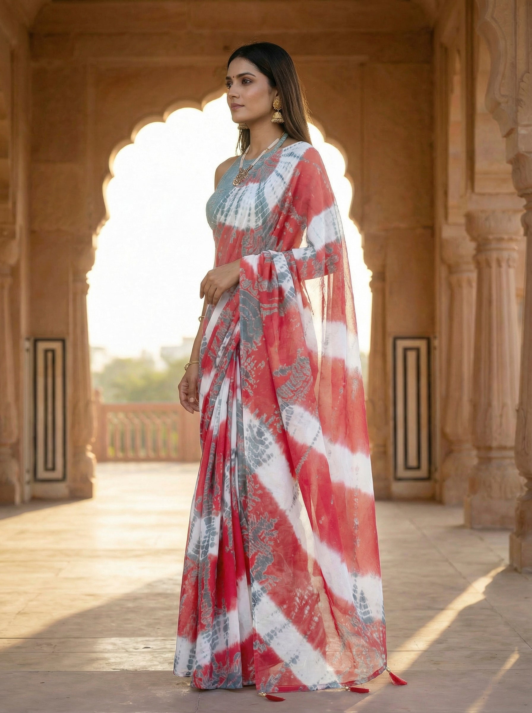 Ready to wear Red and grey colored pure jaipuri shibori printed cotton saree