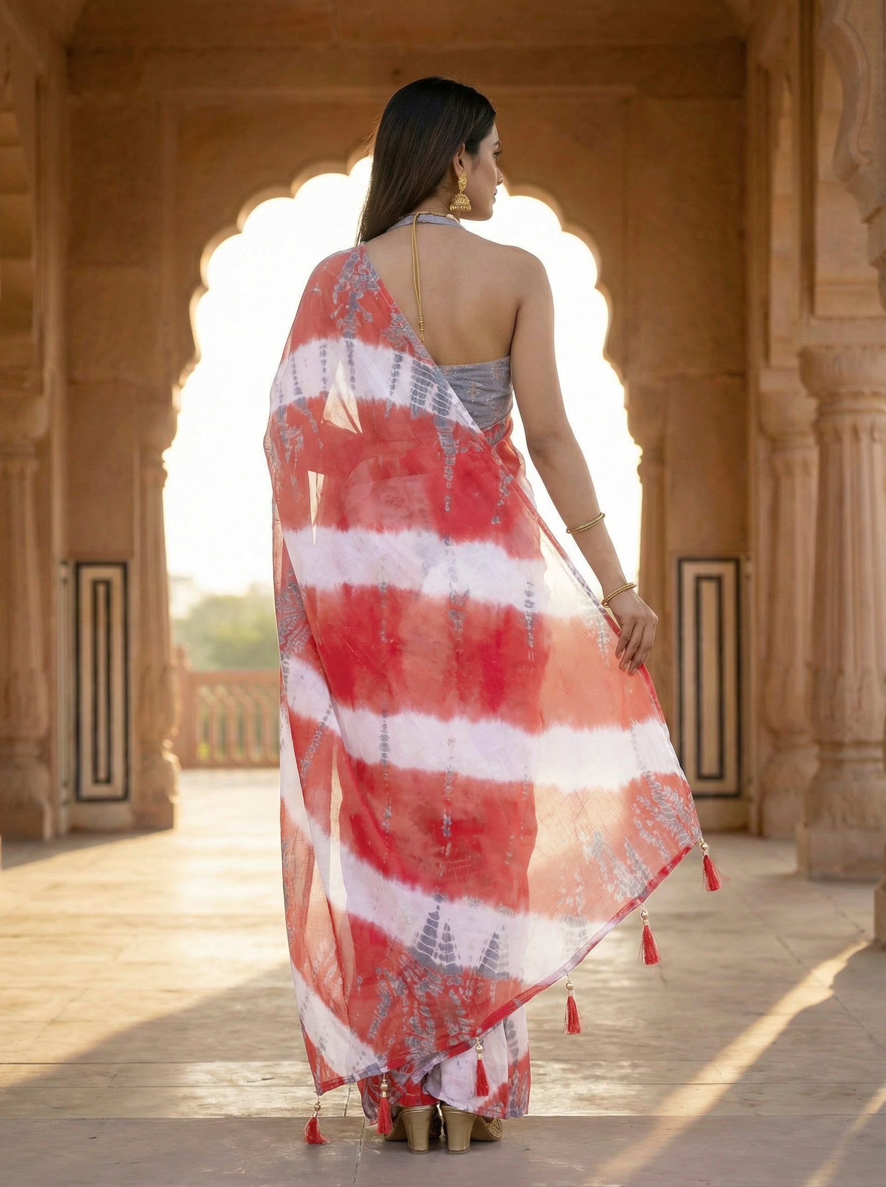 Ready to wear Red and grey colored pure jaipuri shibori printed cotton saree