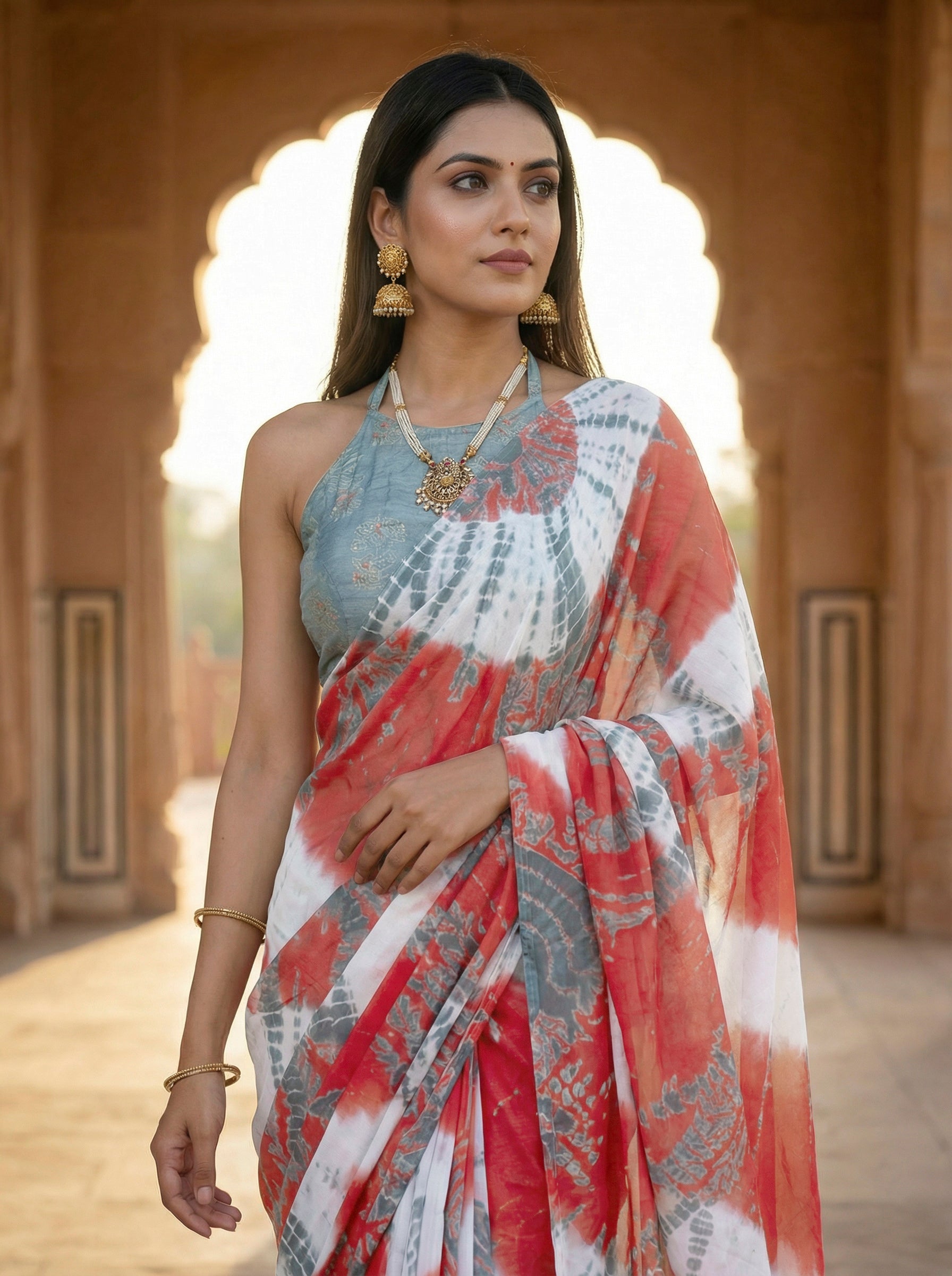 Ready to wear Red and grey colored pure jaipuri shibori printed cotton saree