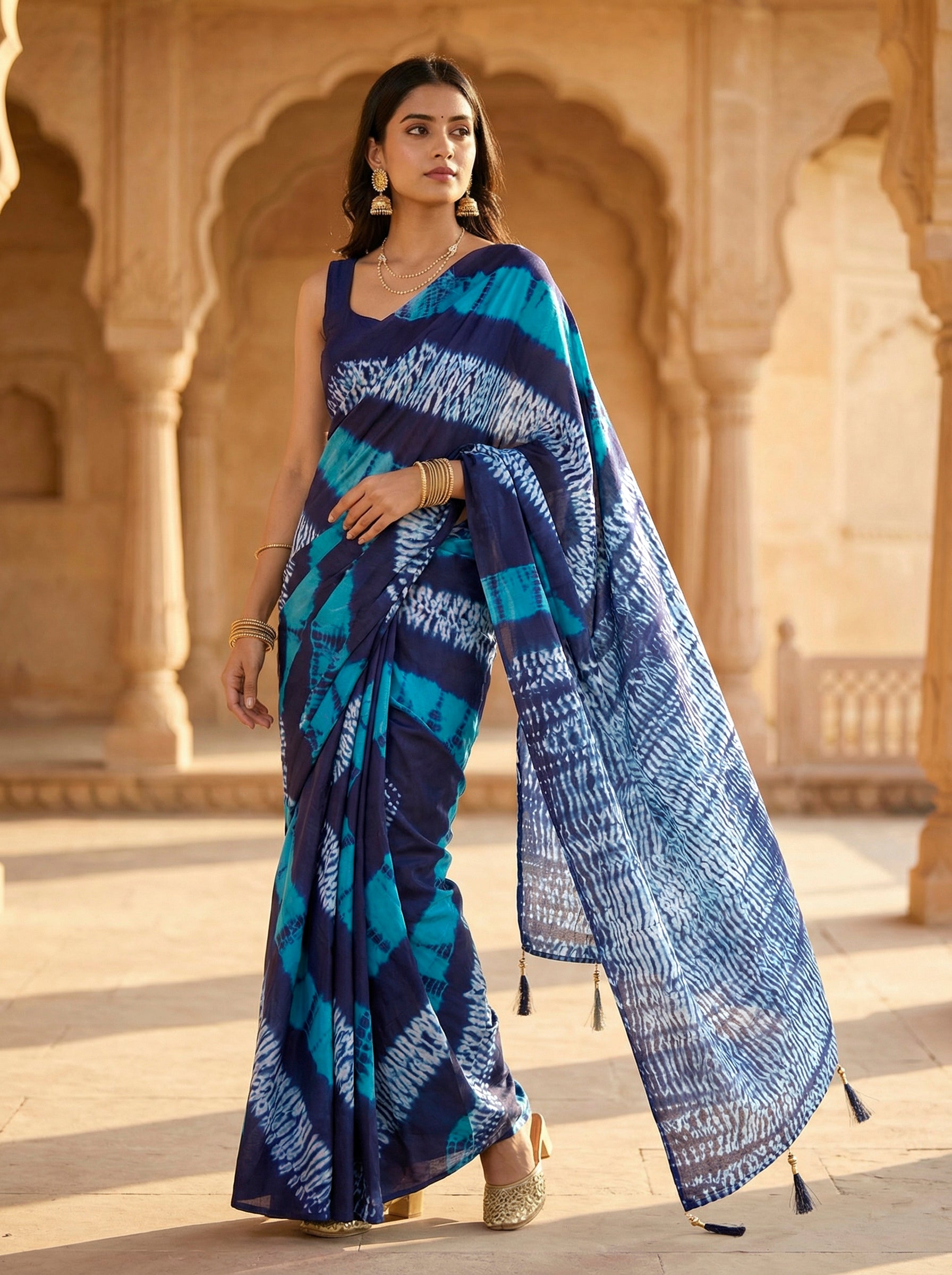 Ready to wear Blue colored pure jaipuri shibori printed cotton saree