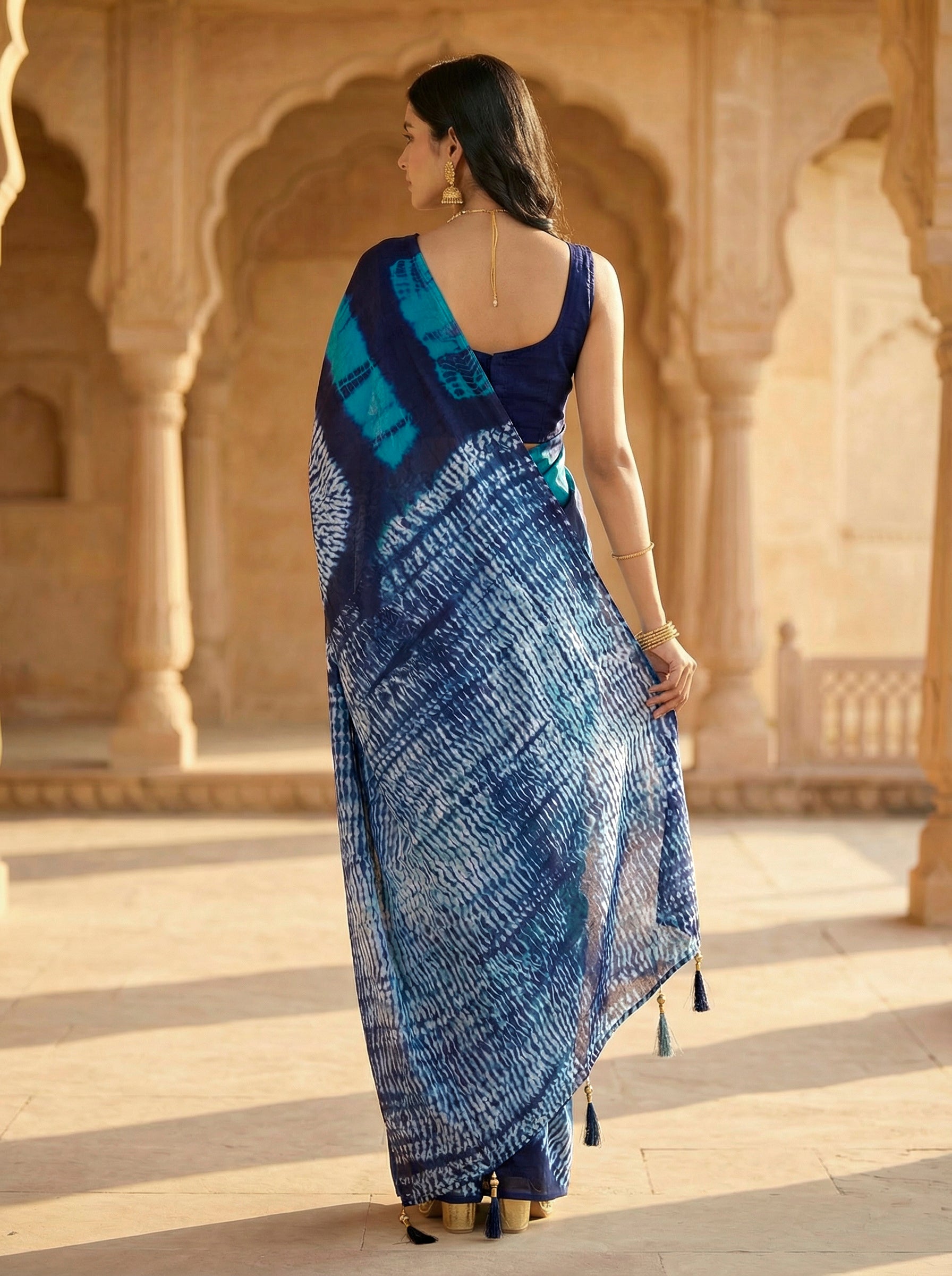 Ready to wear Blue colored pure jaipuri shibori printed cotton saree