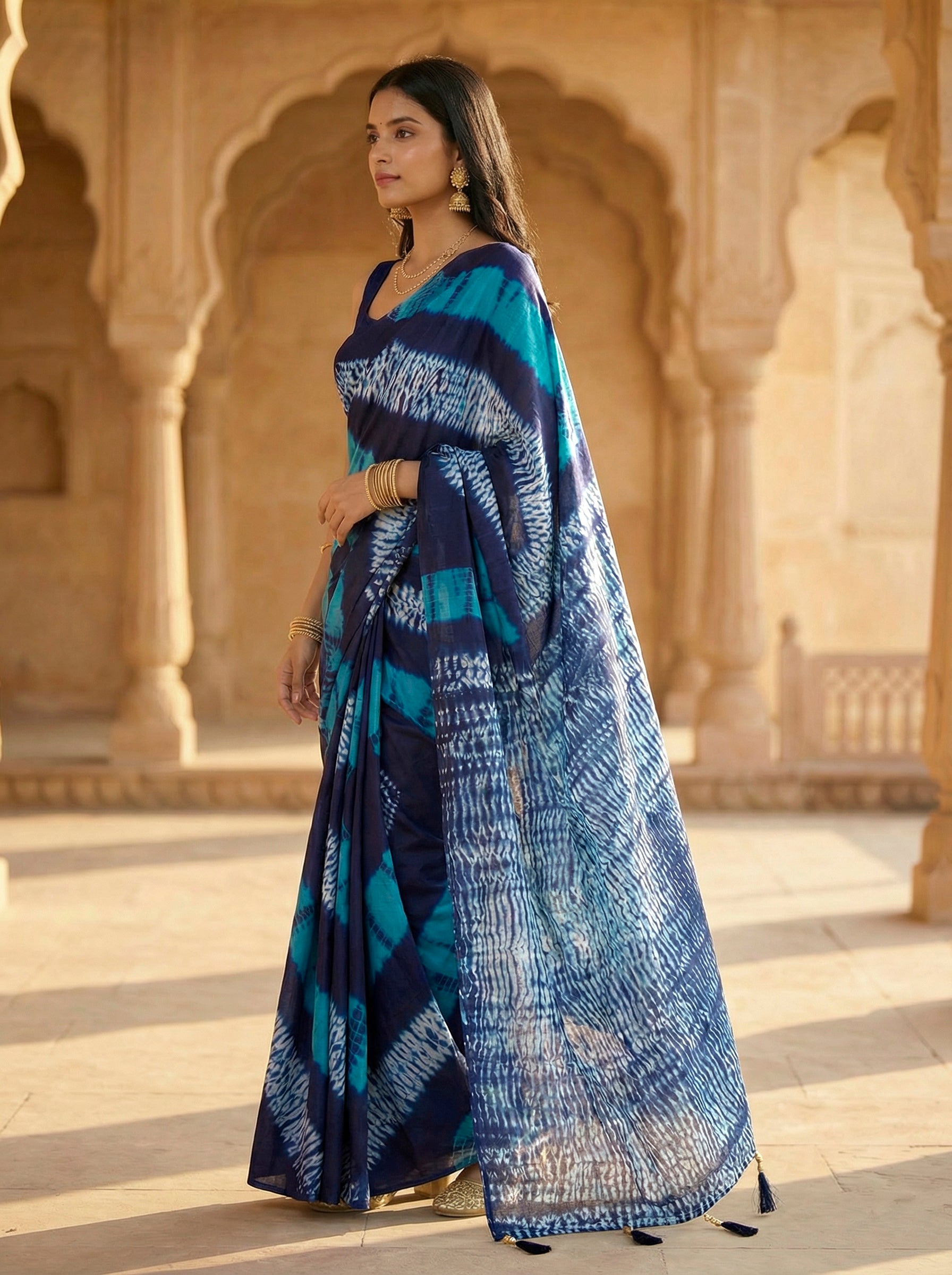 Ready to wear Blue colored pure jaipuri shibori printed cotton saree