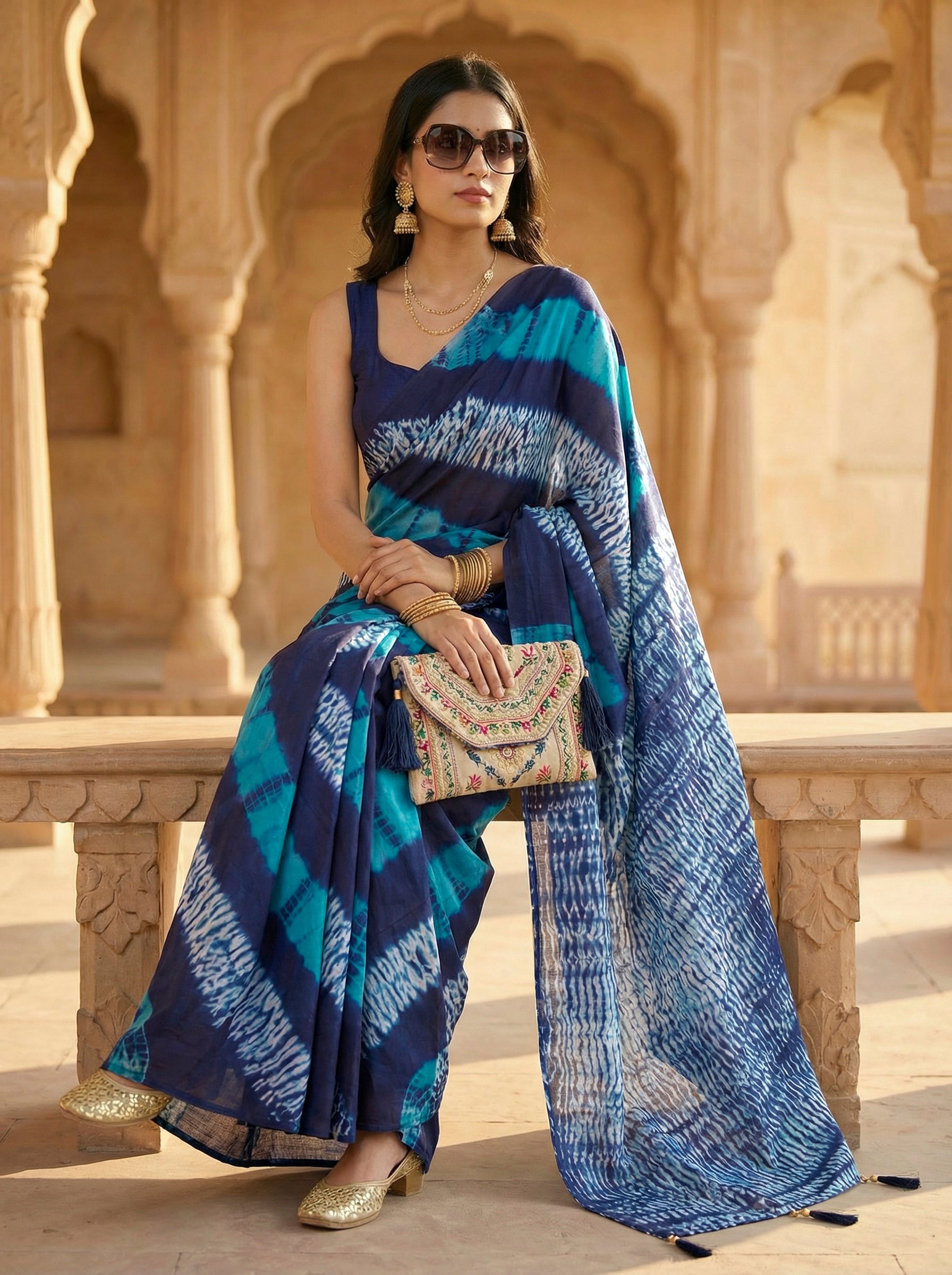 Ready to wear Blue colored pure jaipuri shibori printed cotton saree