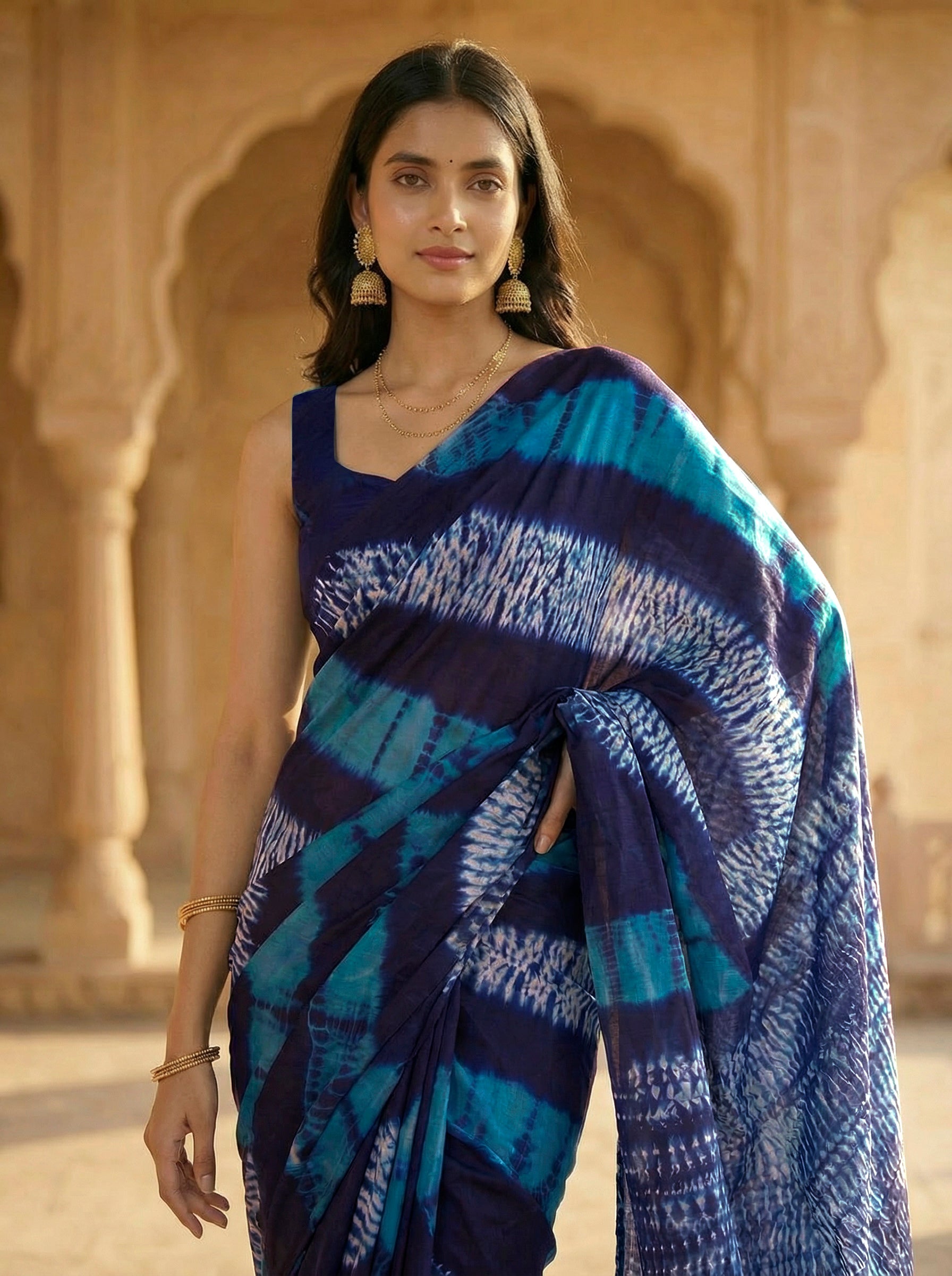 Ready to wear Blue colored pure jaipuri shibori printed cotton saree