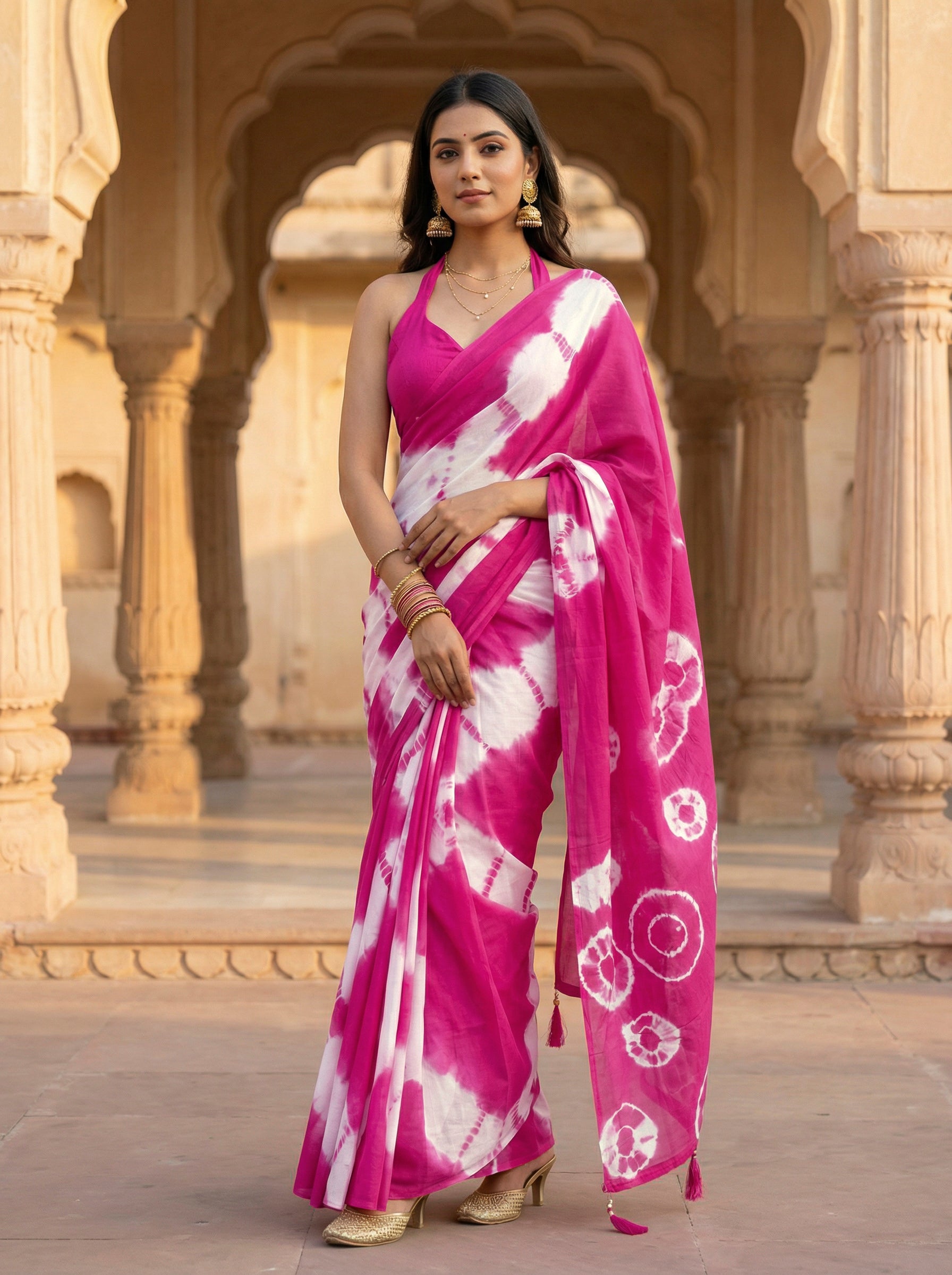 Ready to wear Pink colored pure jaipuri shibori printed cotton saree