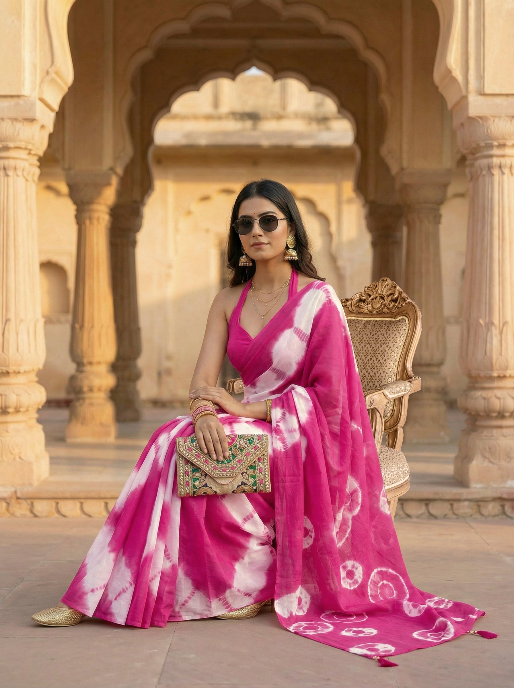 Ready to wear Pink colored pure jaipuri shibori printed cotton saree