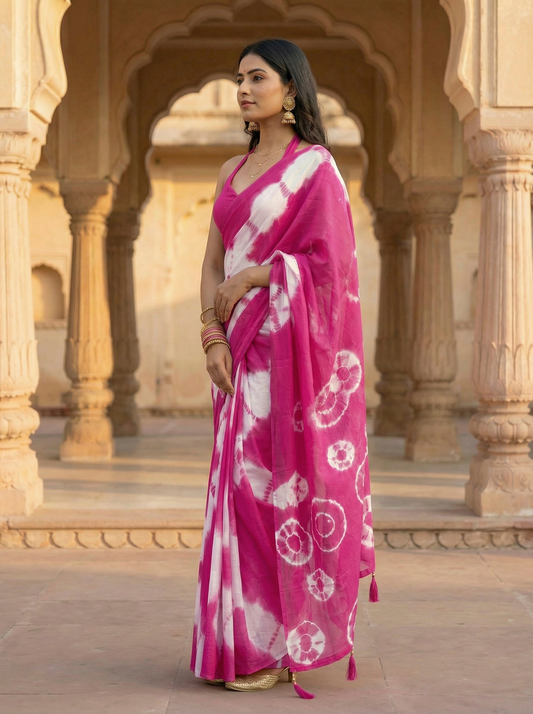 Ready to wear Pink colored pure jaipuri shibori printed cotton saree