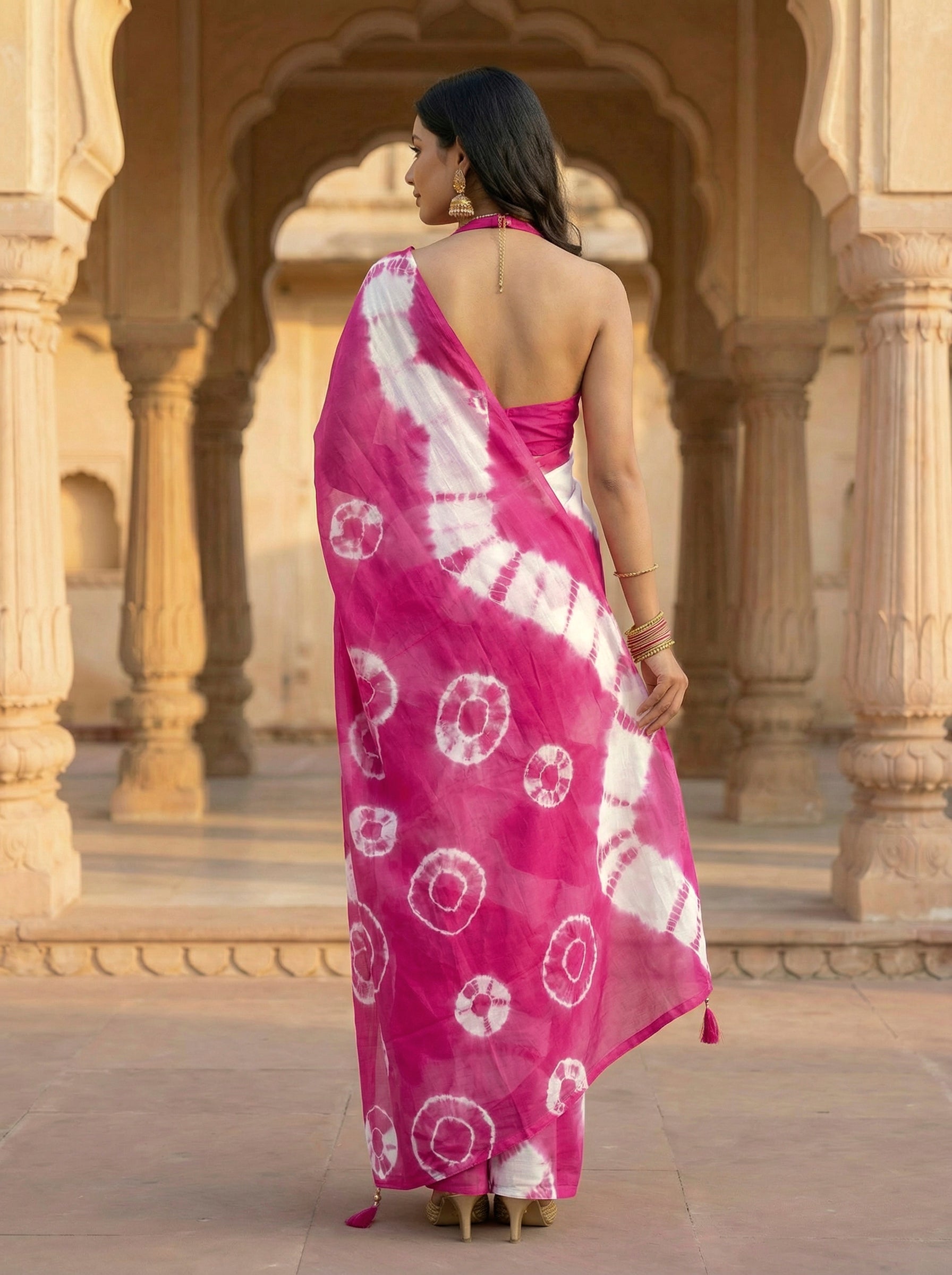 Ready to wear Pink colored pure jaipuri shibori printed cotton saree