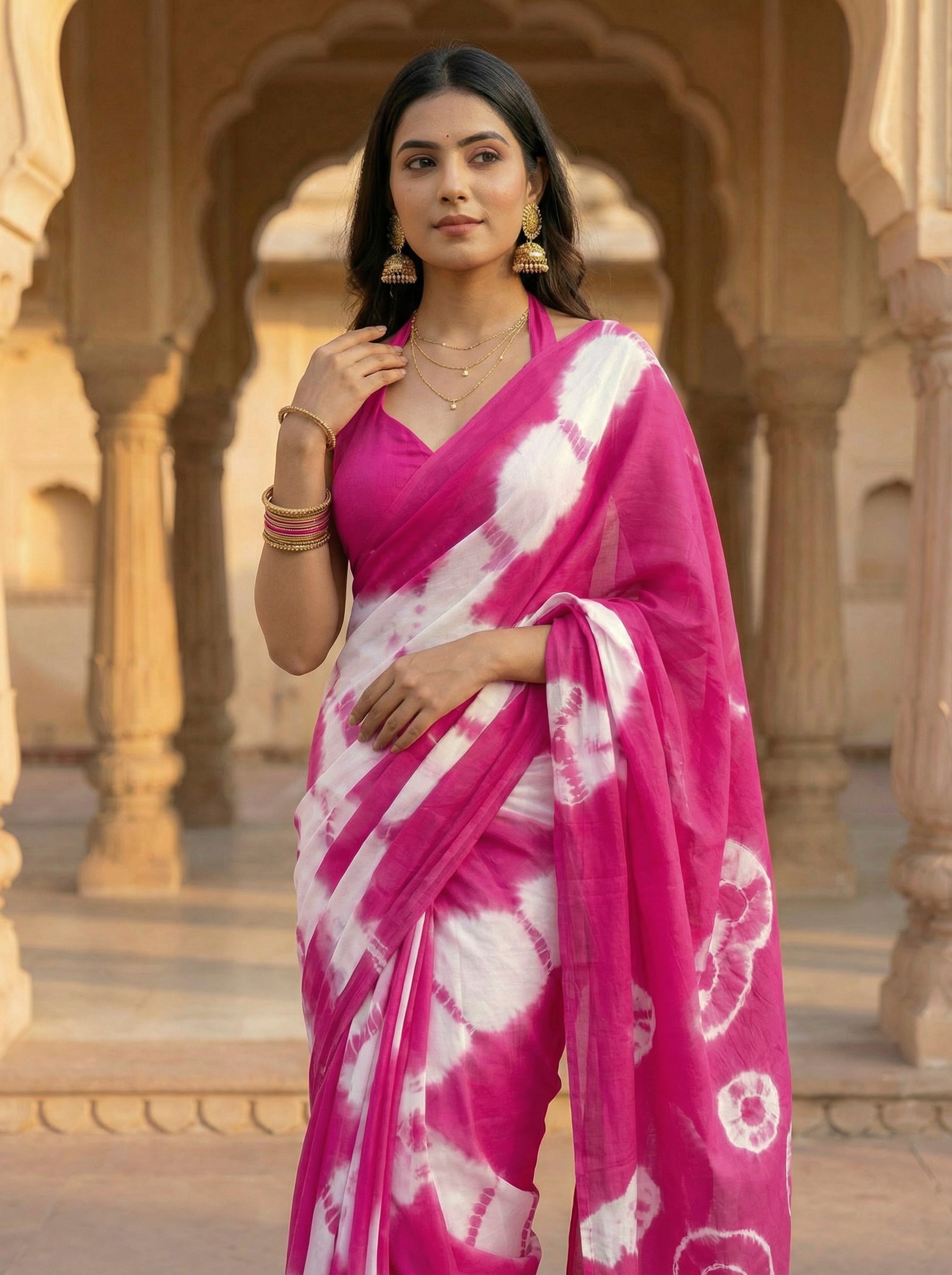Ready to wear Pink colored pure jaipuri shibori printed cotton saree