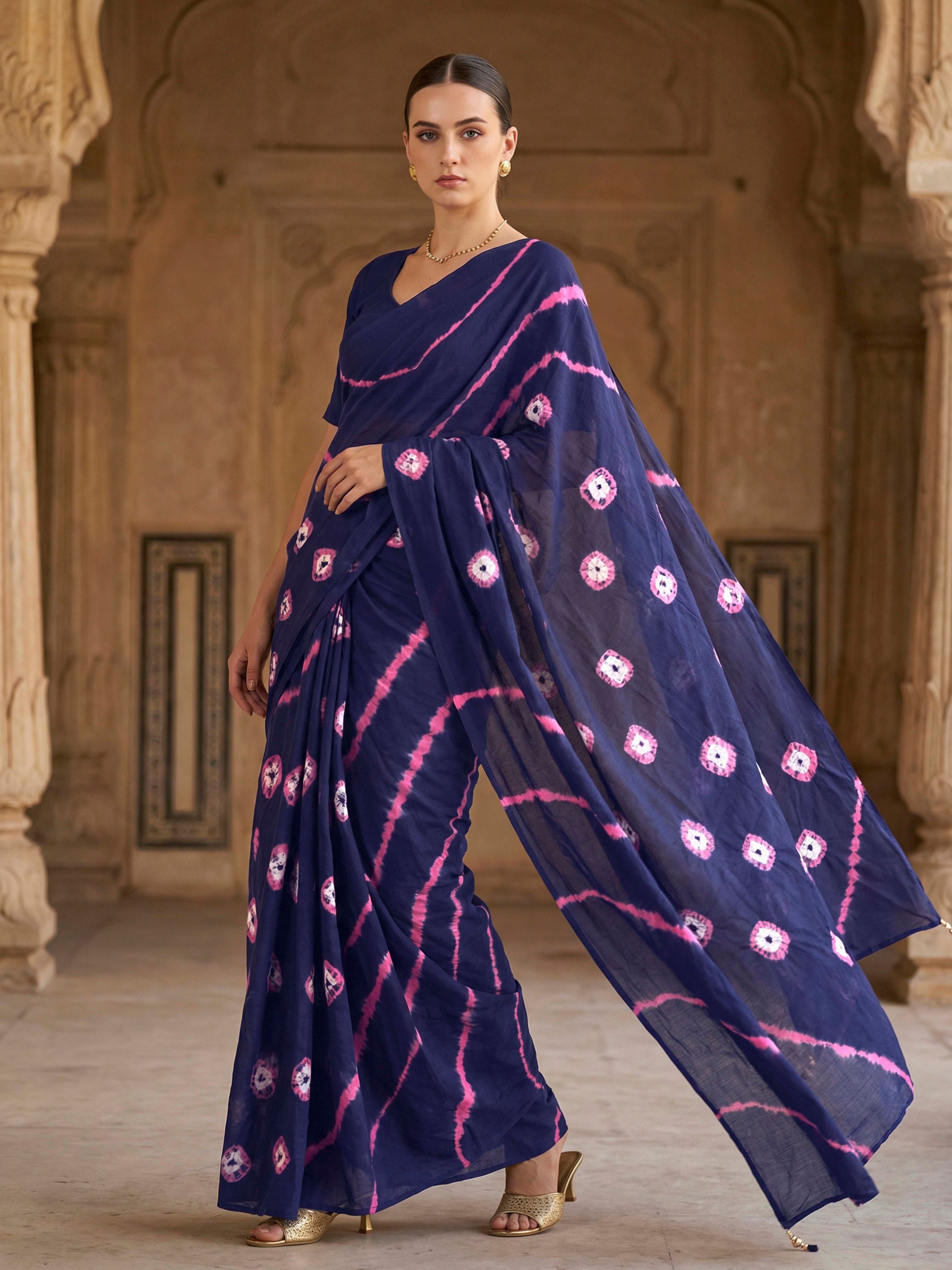 Easy to wear navy blue colored shibori print pure jaipuri cotton saree