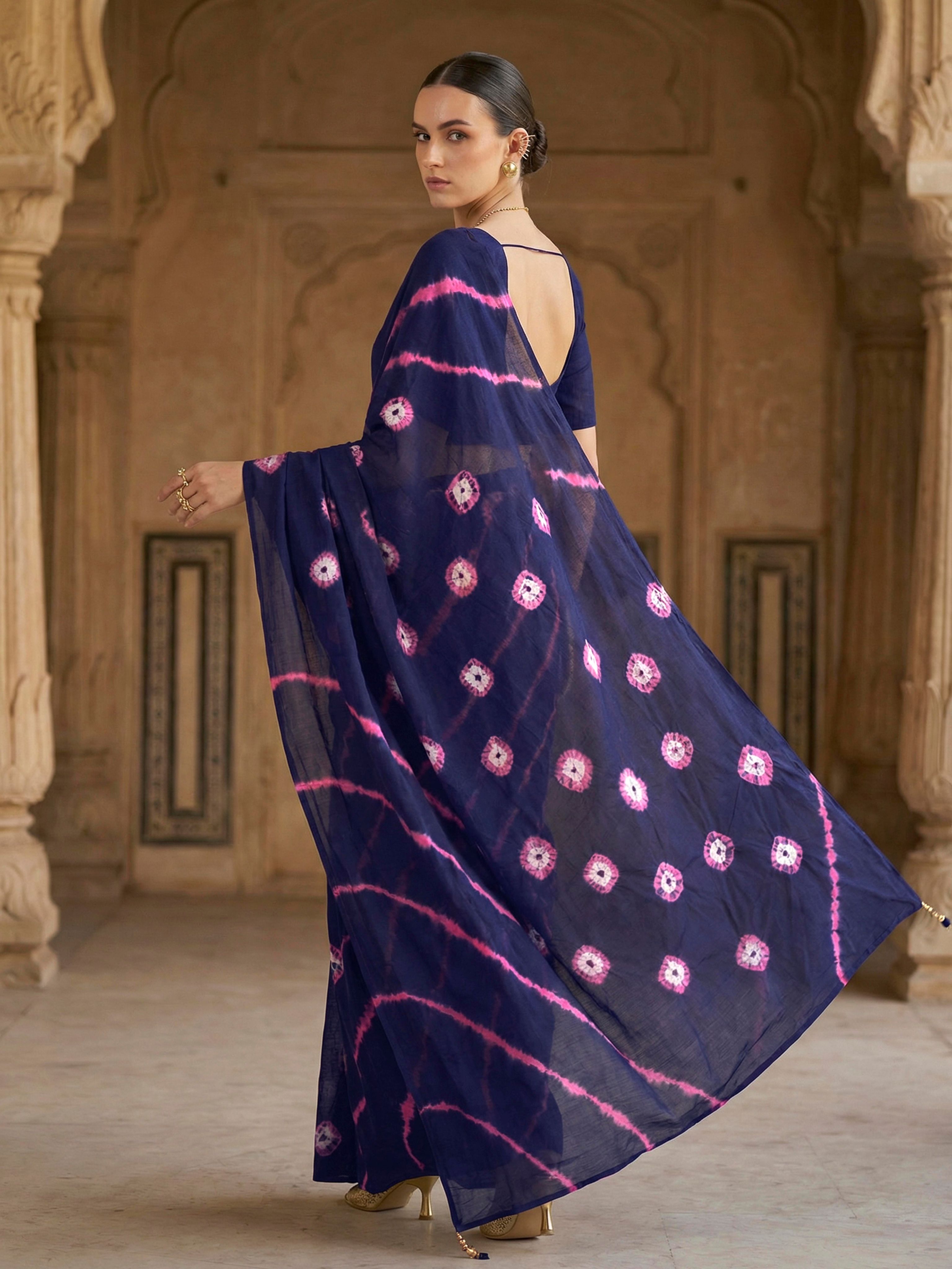 Easy to wear navy blue colored shibori print pure jaipuri cotton saree