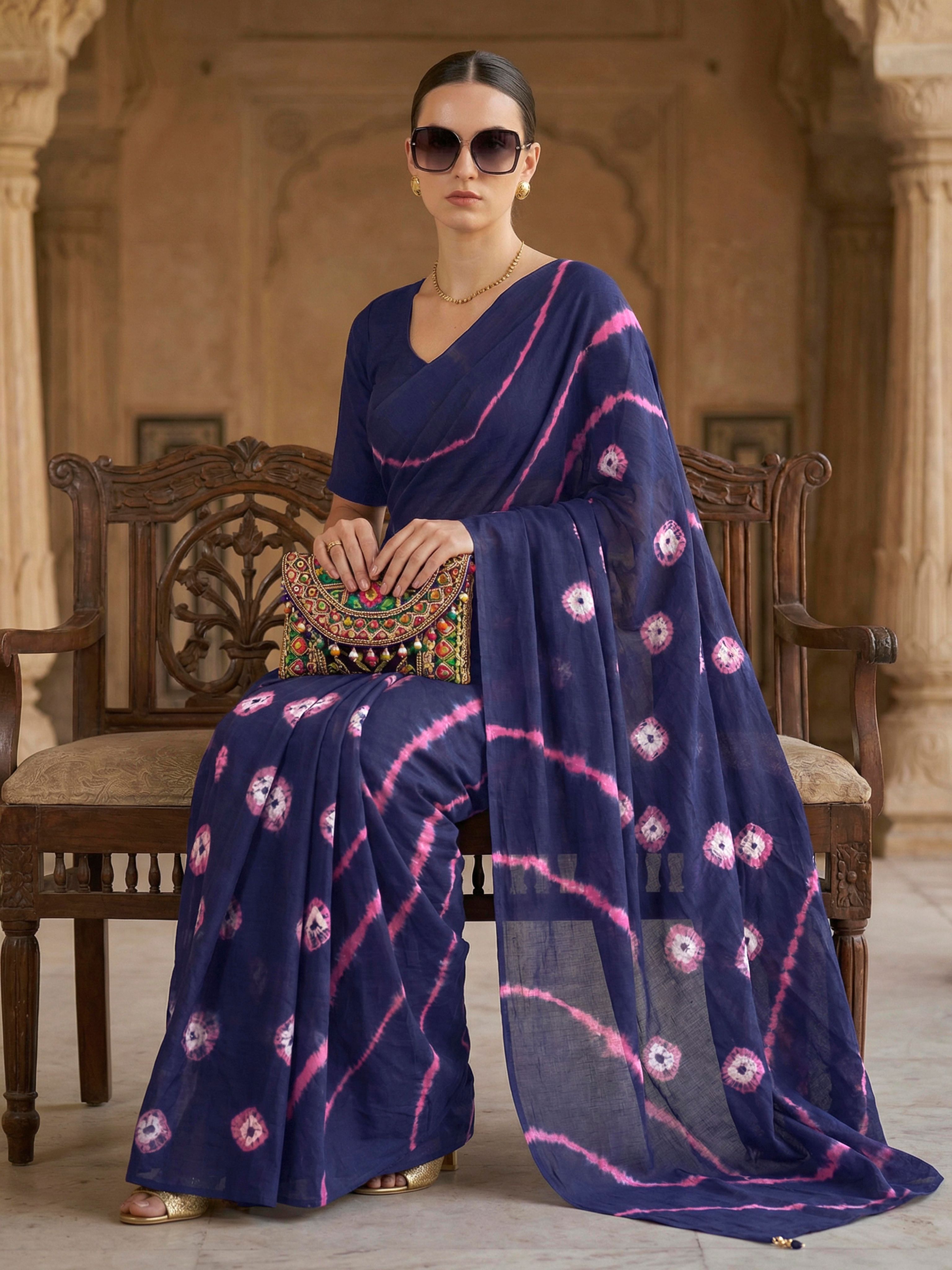 Easy to wear navy blue colored shibori print pure jaipuri cotton saree