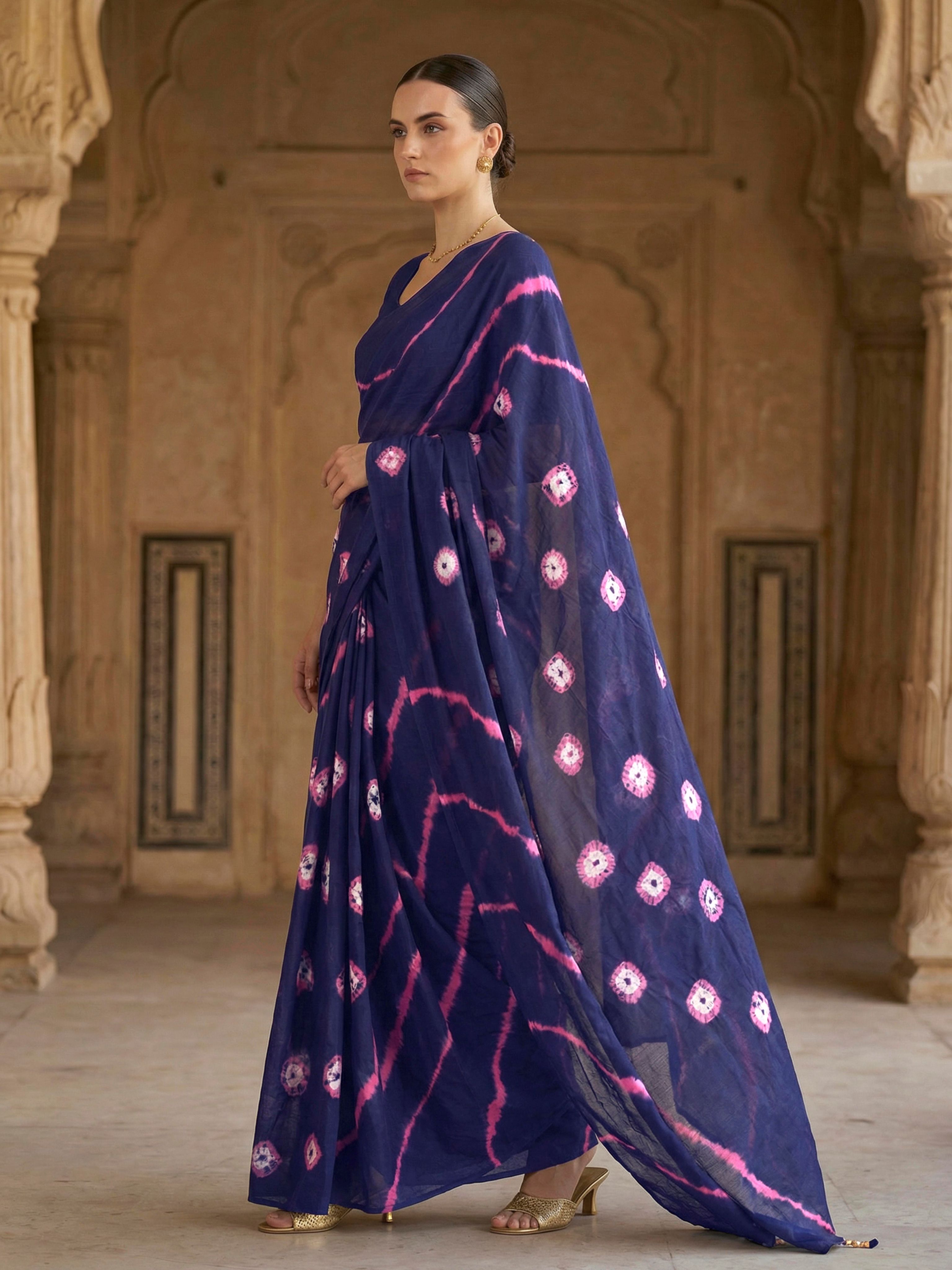 Easy to wear navy blue colored shibori print pure jaipuri cotton saree