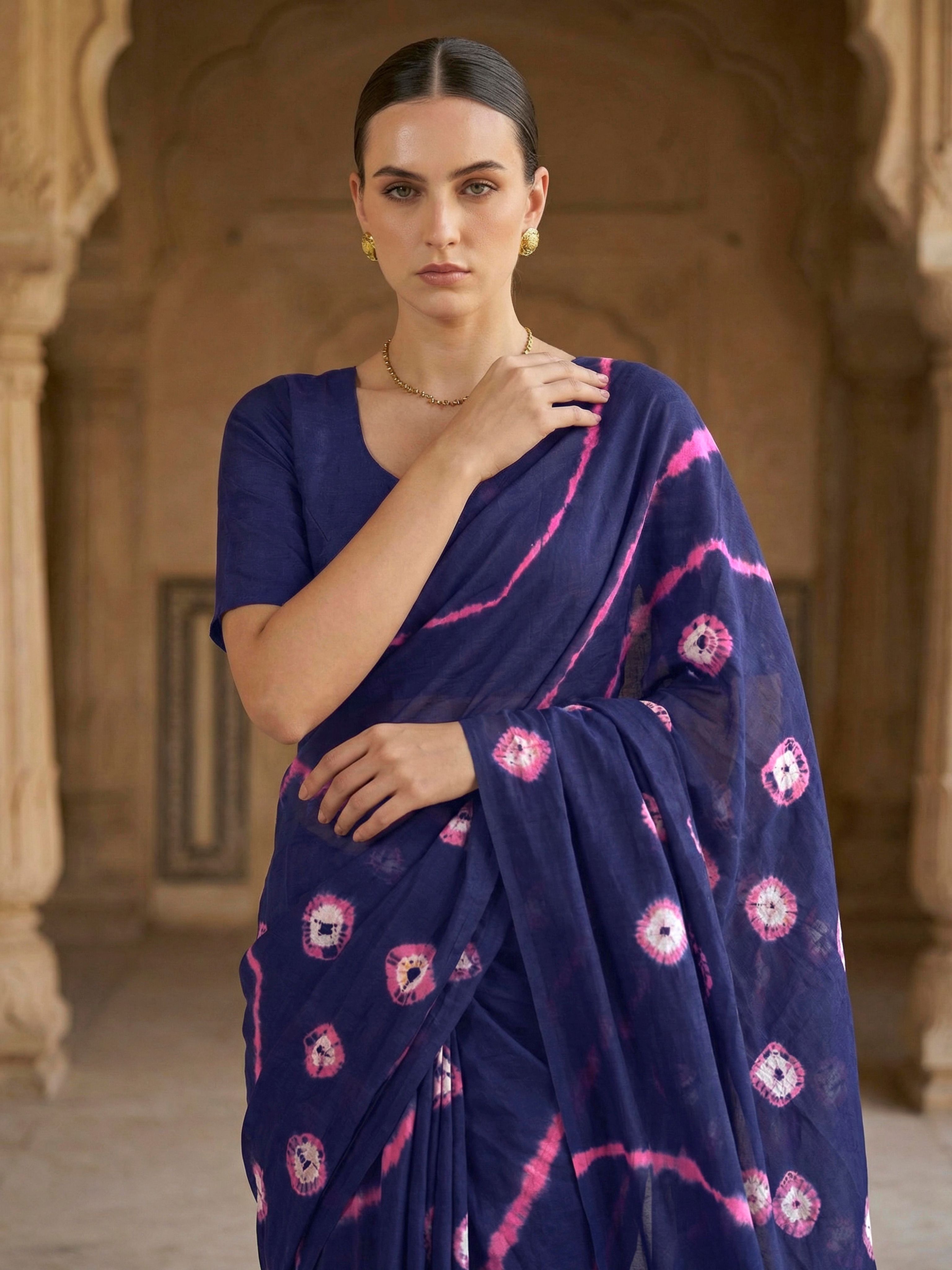Easy to wear navy blue colored shibori print pure jaipuri cotton saree