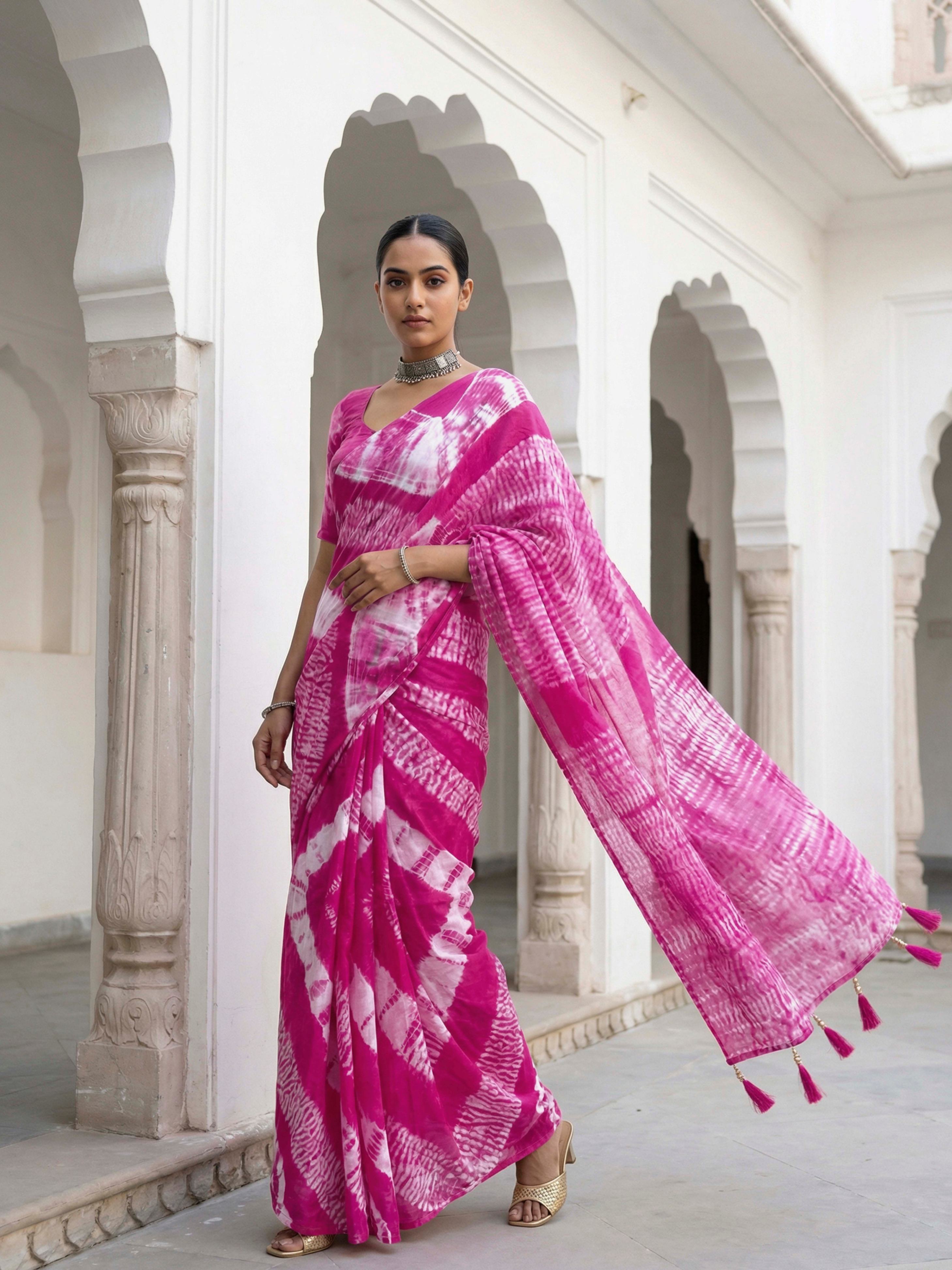 Easy to wear pink colored shibori print pure jaipuri cotton saree
