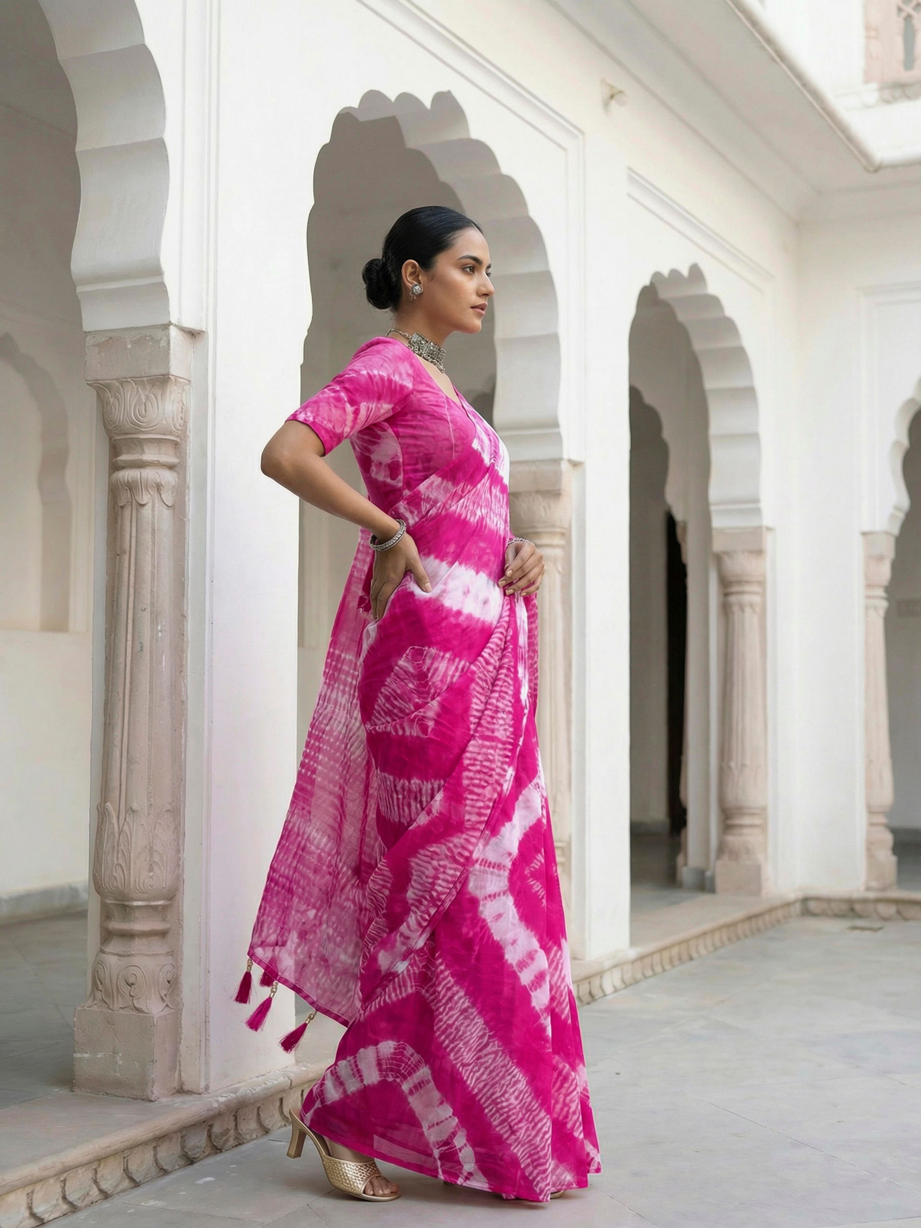 Easy to wear pink colored shibori print pure jaipuri cotton saree