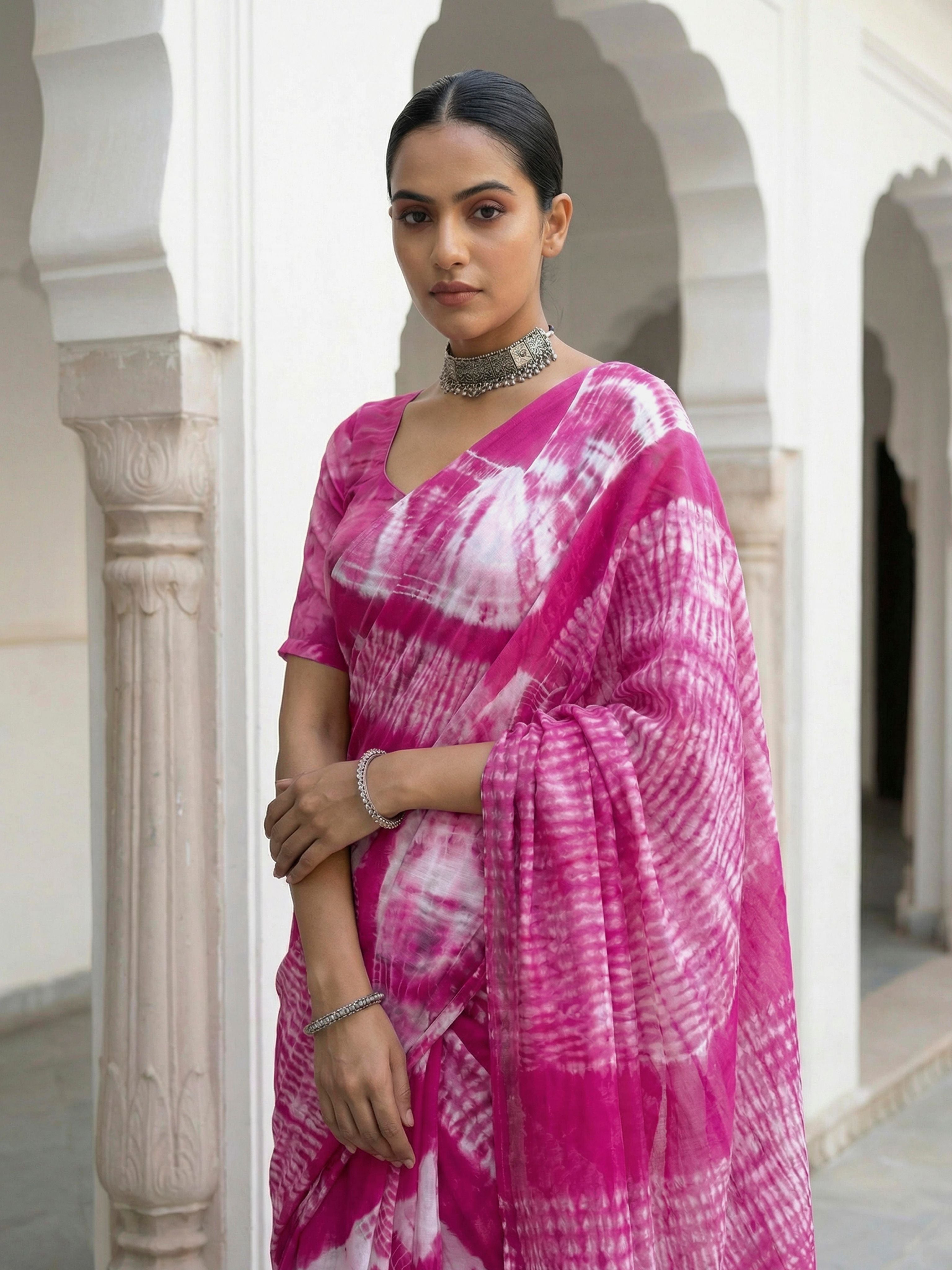 Easy to wear pink colored shibori print pure jaipuri cotton saree