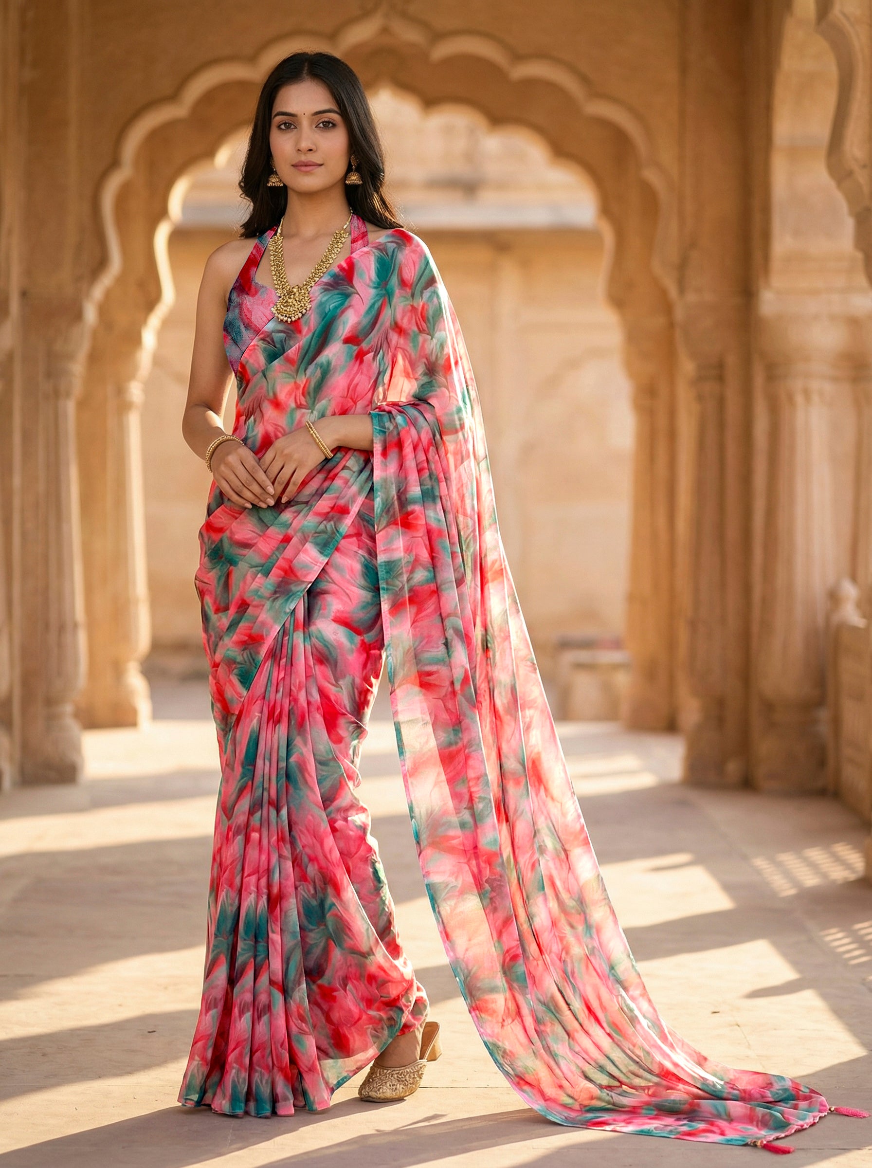 Ready to wear green and red colored poly georgette saree