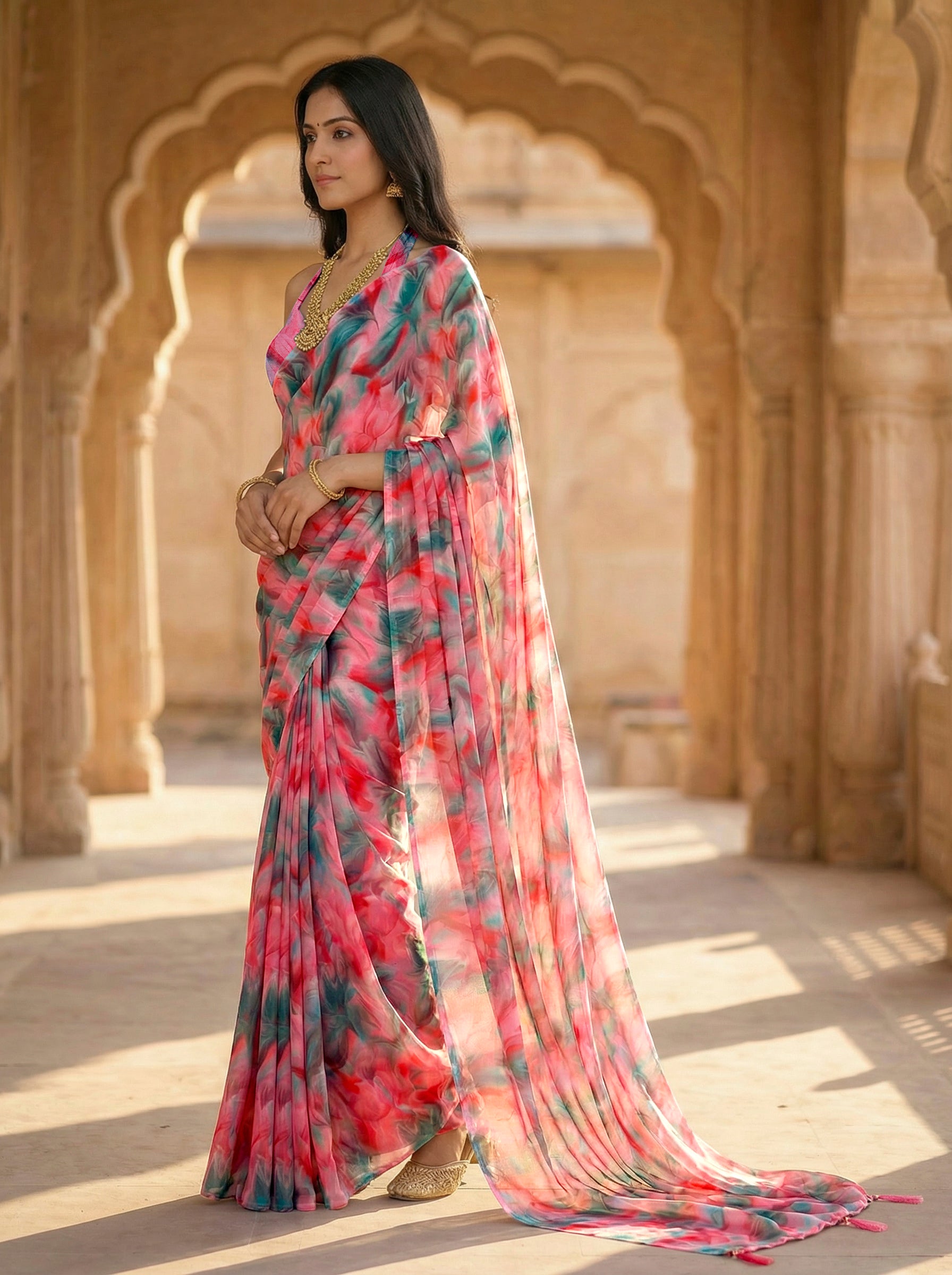 Ready to wear green and red colored poly georgette saree
